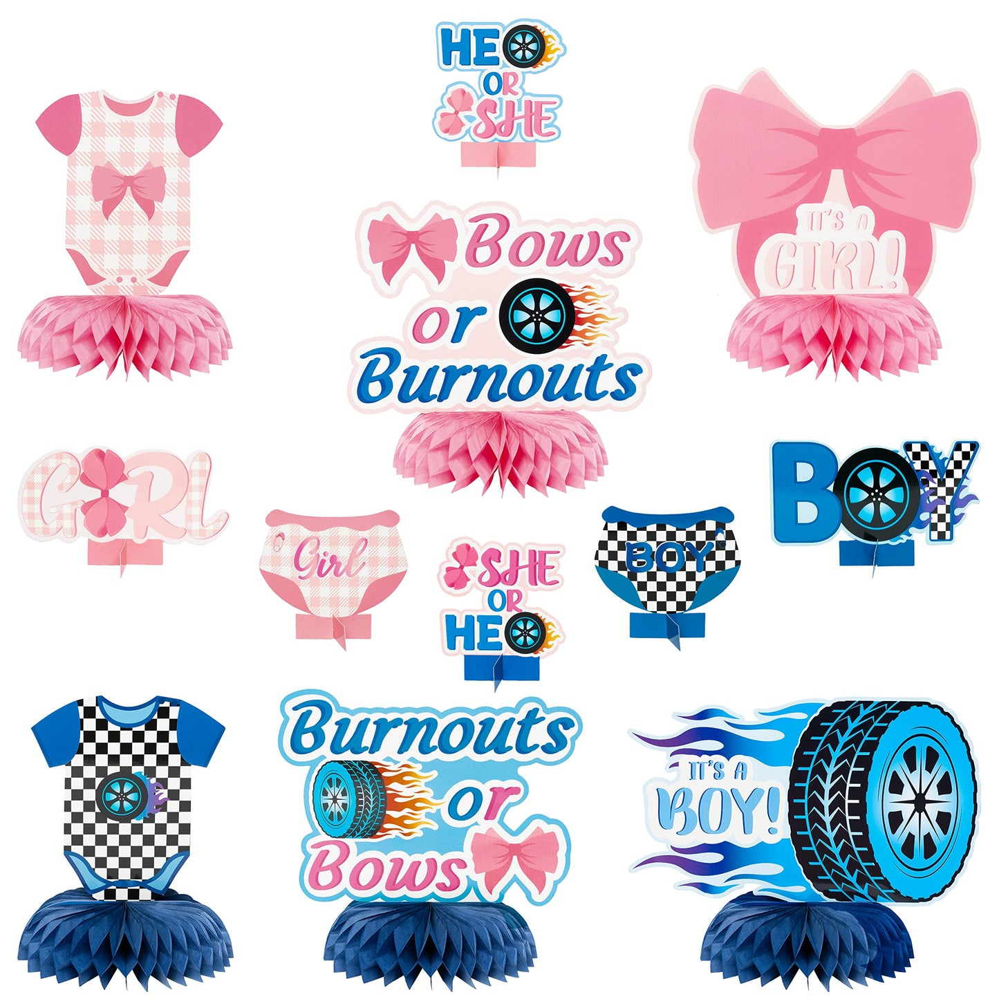 Gender Reveal Honeycomb Centrepieces – 12 Piece, Car & Bow Tie