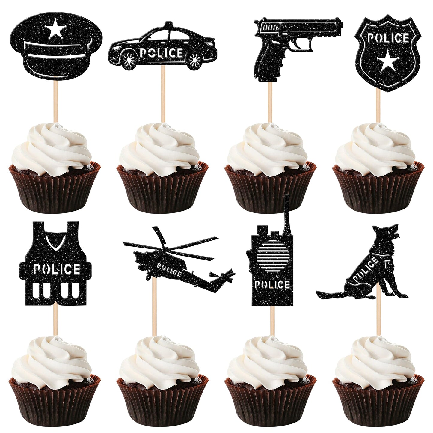 Police Glitter Cupcake Toppers – 24 Piece