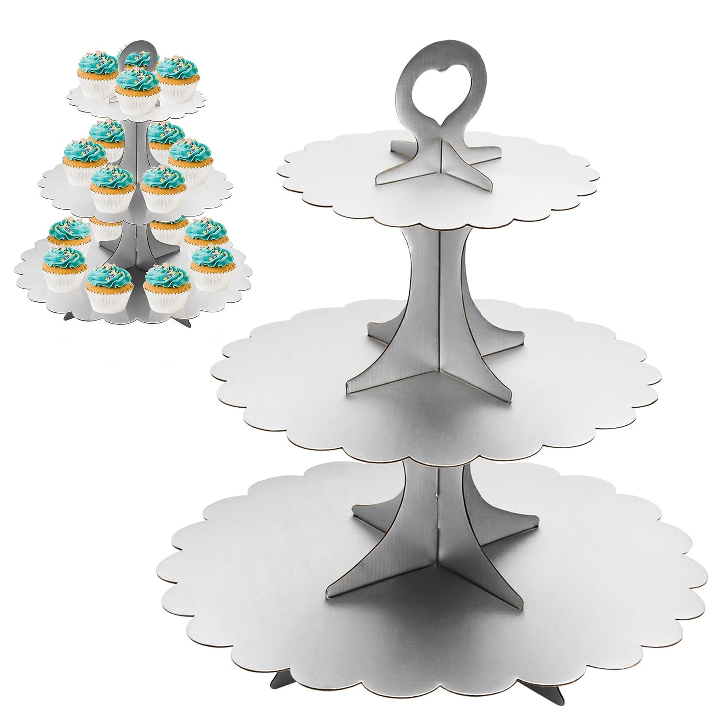Humlindo 2 Pack Cupcake Stand Tower3 Tier Cupcake Stand Silver Cupcake Tier Stand Cup Cake Stand Cardboard Dessert Cupcake Stand Holder for Parties Tiered Cupcake Stand (Silver)