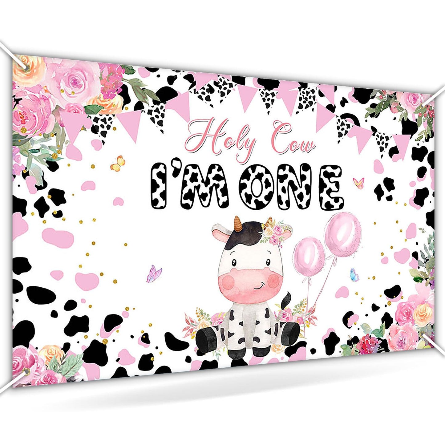 Avezano Holy Cow Im One 1st Birthday Backdrop for Girls Pink Pink Flower Milk Cows 1st Birthday Party Decorations Holy Cow Im One Banner Large 70.8 x 43.3 Inch