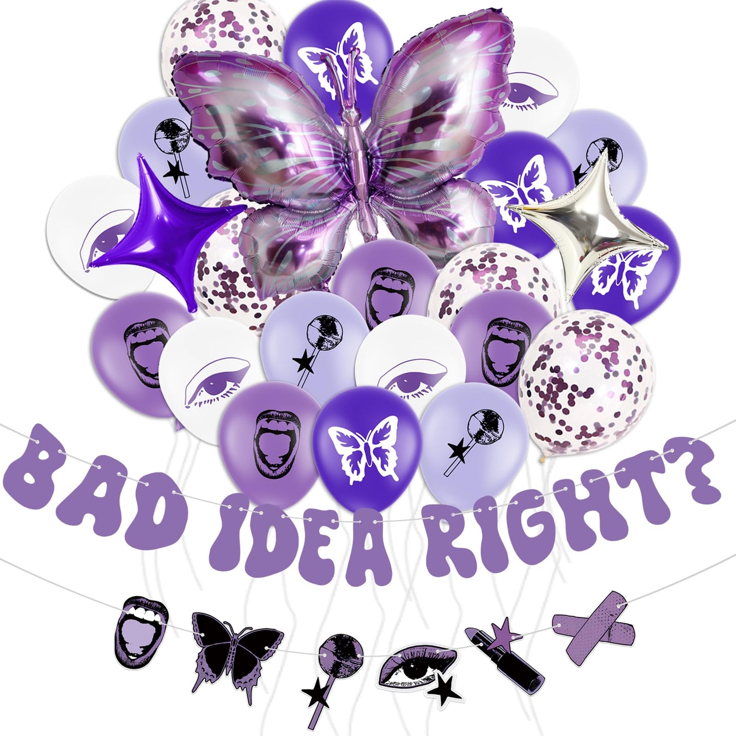 HOMEZZO Purple Butterfly Party Decorations Bad Idea Right Banner Butterfly Foil Balloon Purple White Printed Latex Balloons for Birthday Party Music Fans Gathering Purple Themed Party