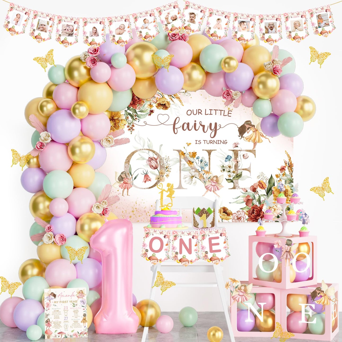 Floral Fairy First Birthday Decorations – 164 Piece Set