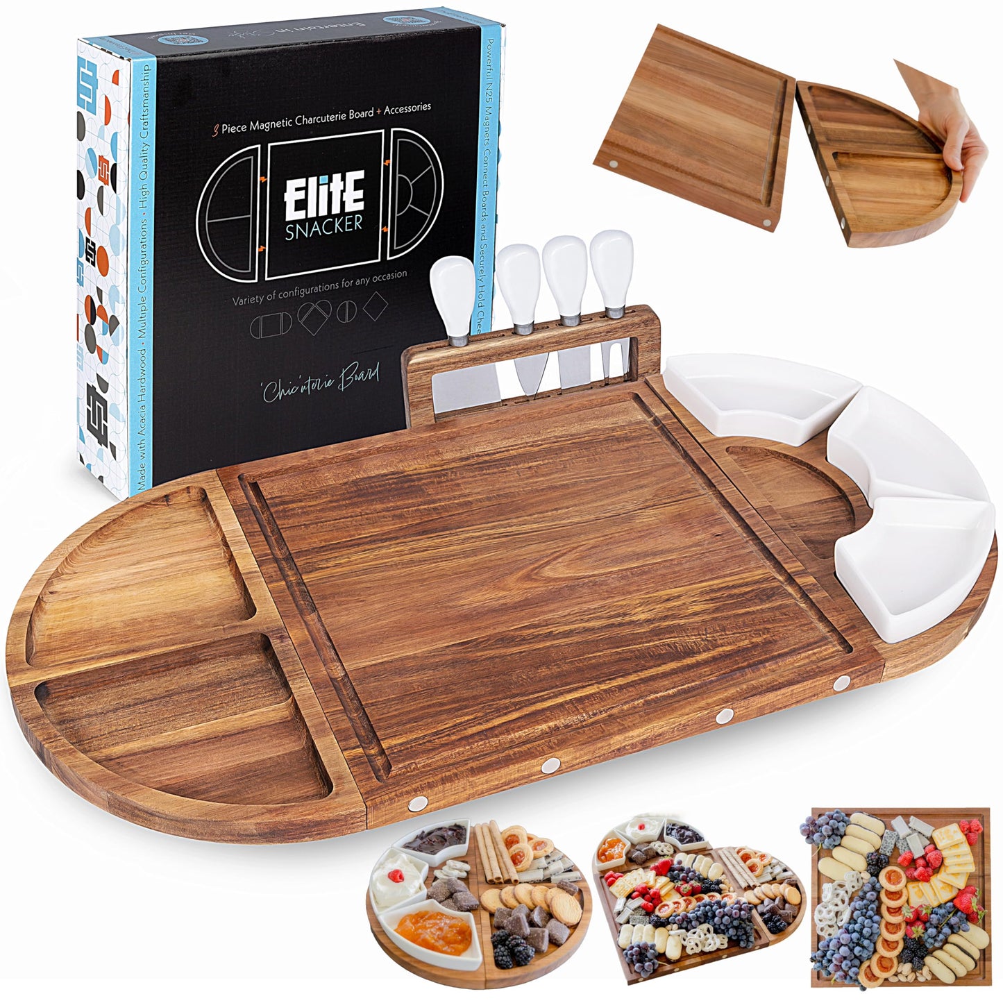 Large Wooden Charcuterie Board Set - 3-Piece Magnetic Long Serving Board Tray with Charcuterie Accessories - Acacia Wood Cheese Platter with Cheese Knife Set & Ceramic Dishes - Brown