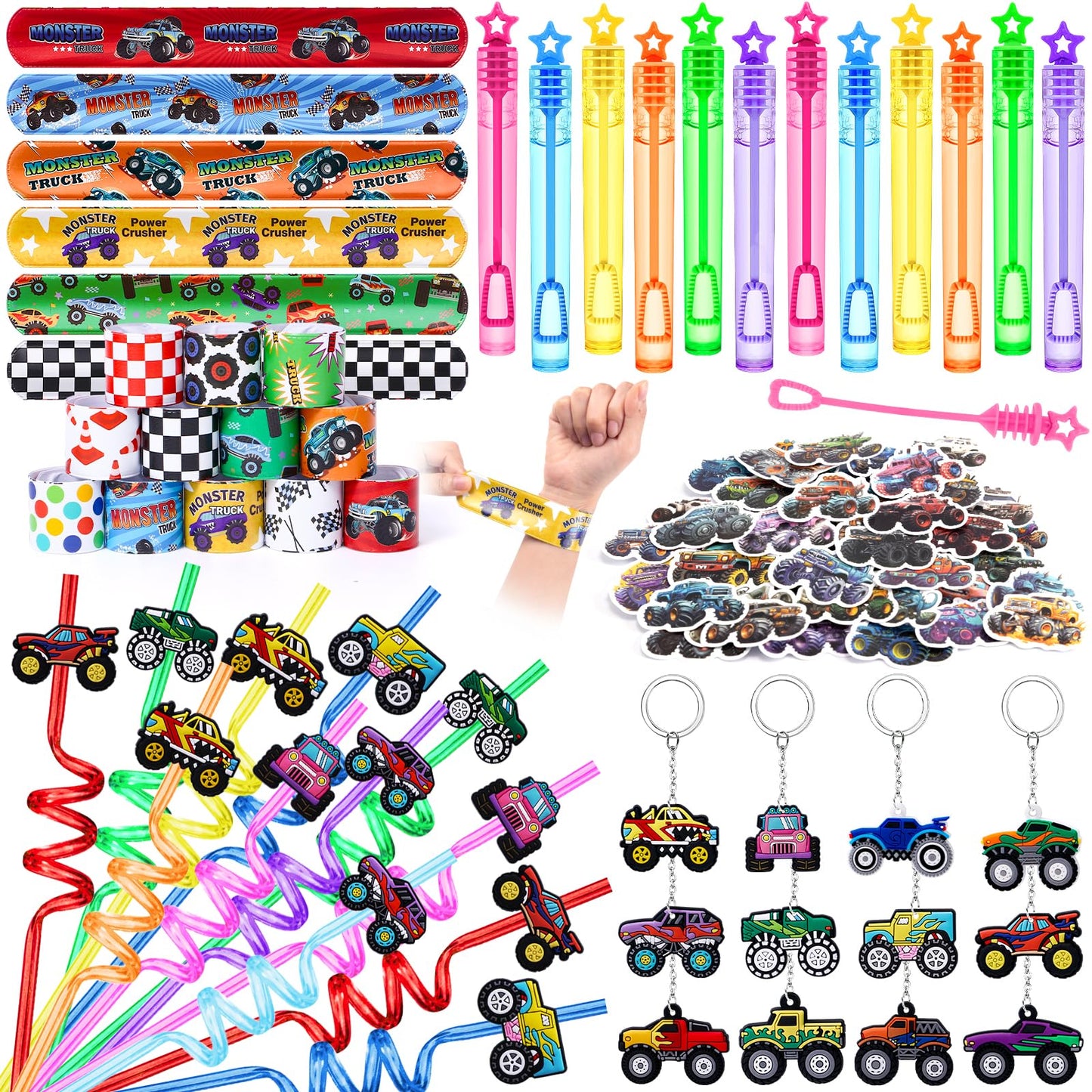 SNLN 98Pcs Monster Truck Party Favors Birthday Supplies for Boys Kids Bubble Wands Drinking Straws Slap Bracelets Keychains Stickers Goodie Bag Stuffer Monster Truck Themed Birthday Party Supplies
