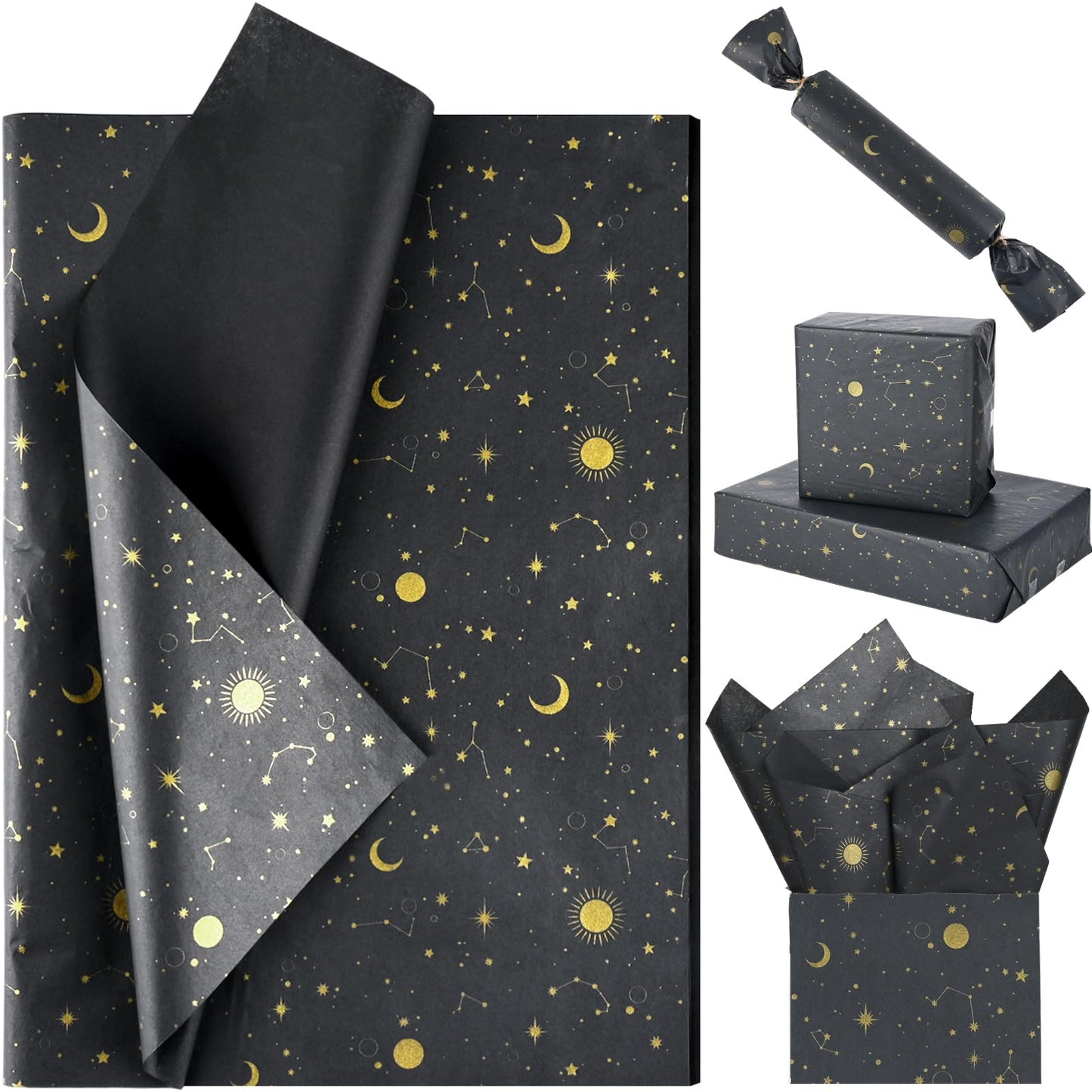100 Sheets 20 * 14 Inches Galaxy Tissue Paper for Gift Wrapping Black Gold Moon Star Printed Tissue Paper for Gift Bags for Birthday Christmas Baby Shower DIY Craft