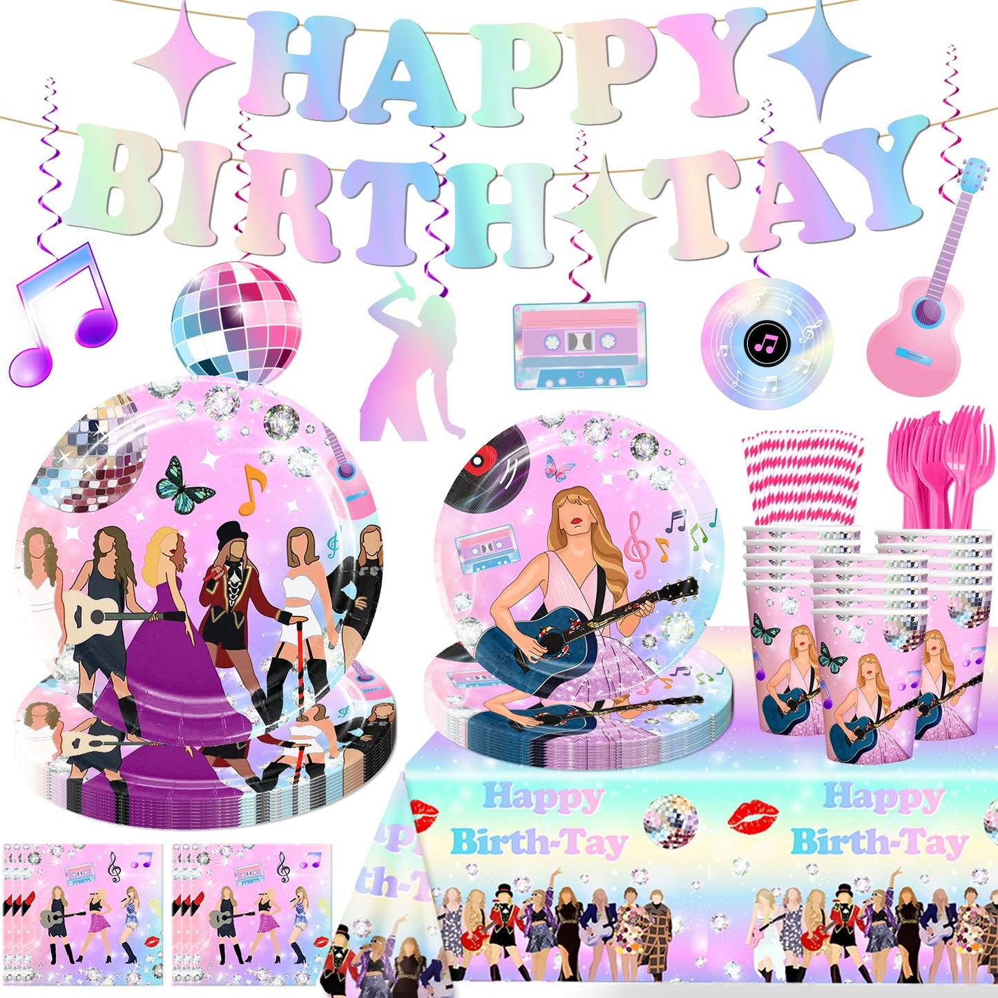 168pcs Birthday Party Decorations Plates Party Supplies Include Banner Hanging Swirls Plates Napkins Tablecloth Cups Forks Straws for Music Party Decorations Serves 24 Guests