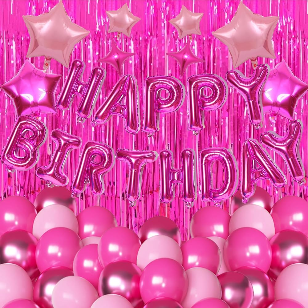 Hot Pink Birthday Party Decorations Kit – Banner, Fringe Curtain & Balloons