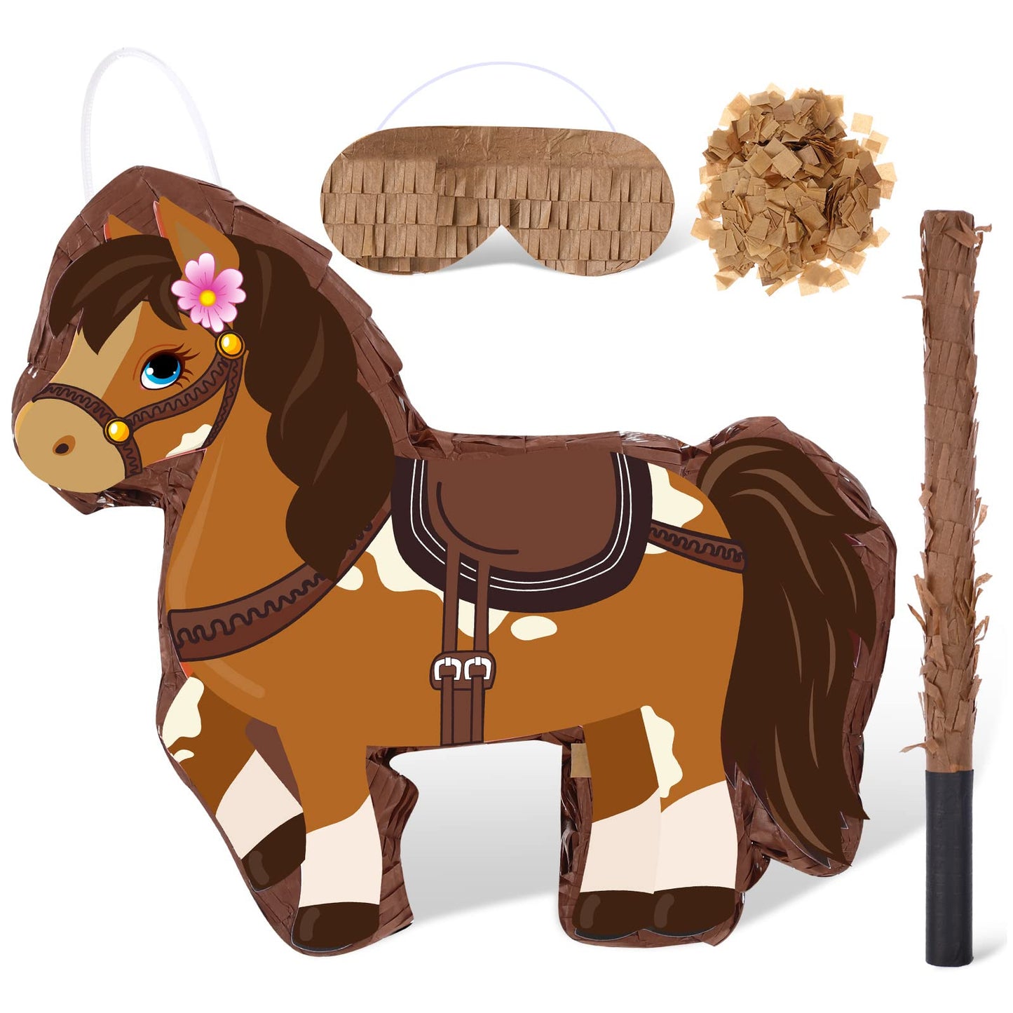 Brown Horse Piñata Set with Bat Blindfold for Cowgirl Birthday Party