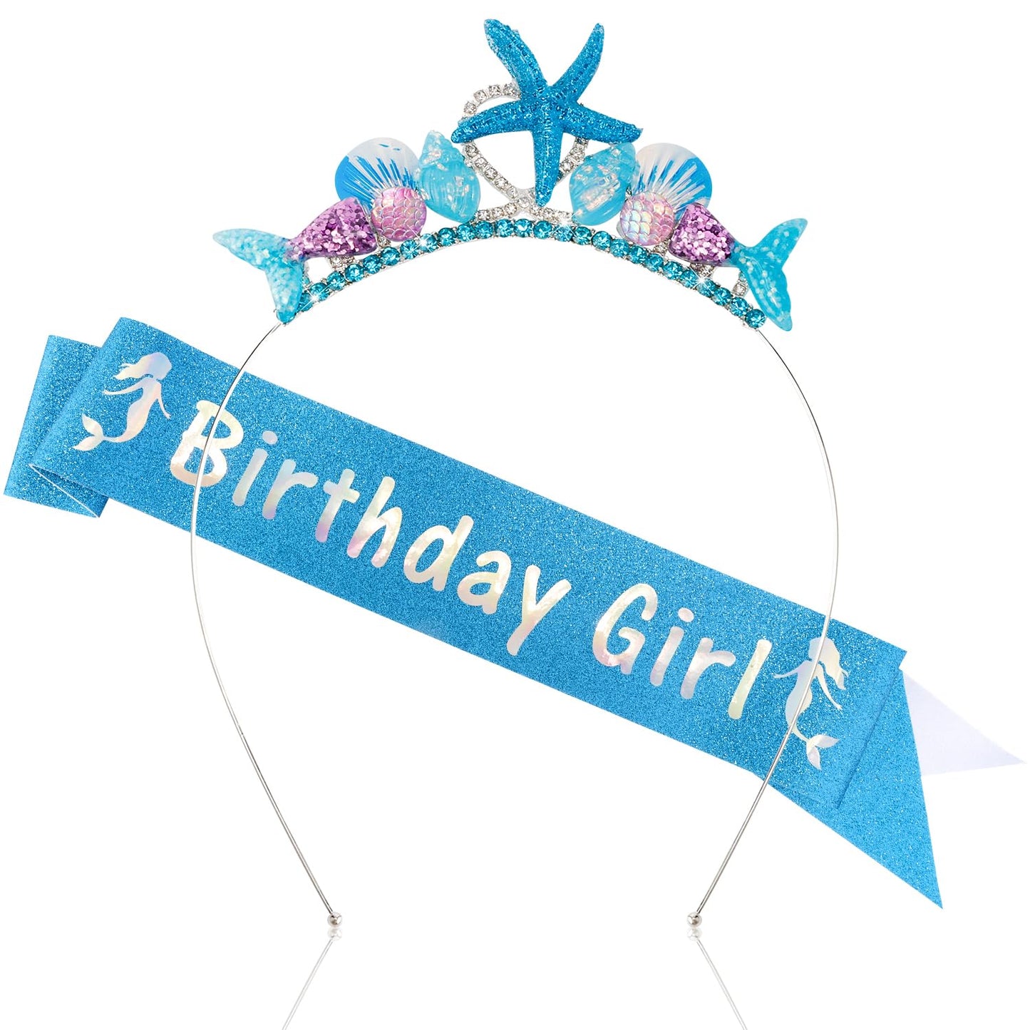 Atoden Mermaid Tiara and Sash Blue Princess Costume Headwear Starfish Seashell Mermaid Tail Headpiece Happy Birthday Accessories for Girls and Women Party Supplies Costume Gifts