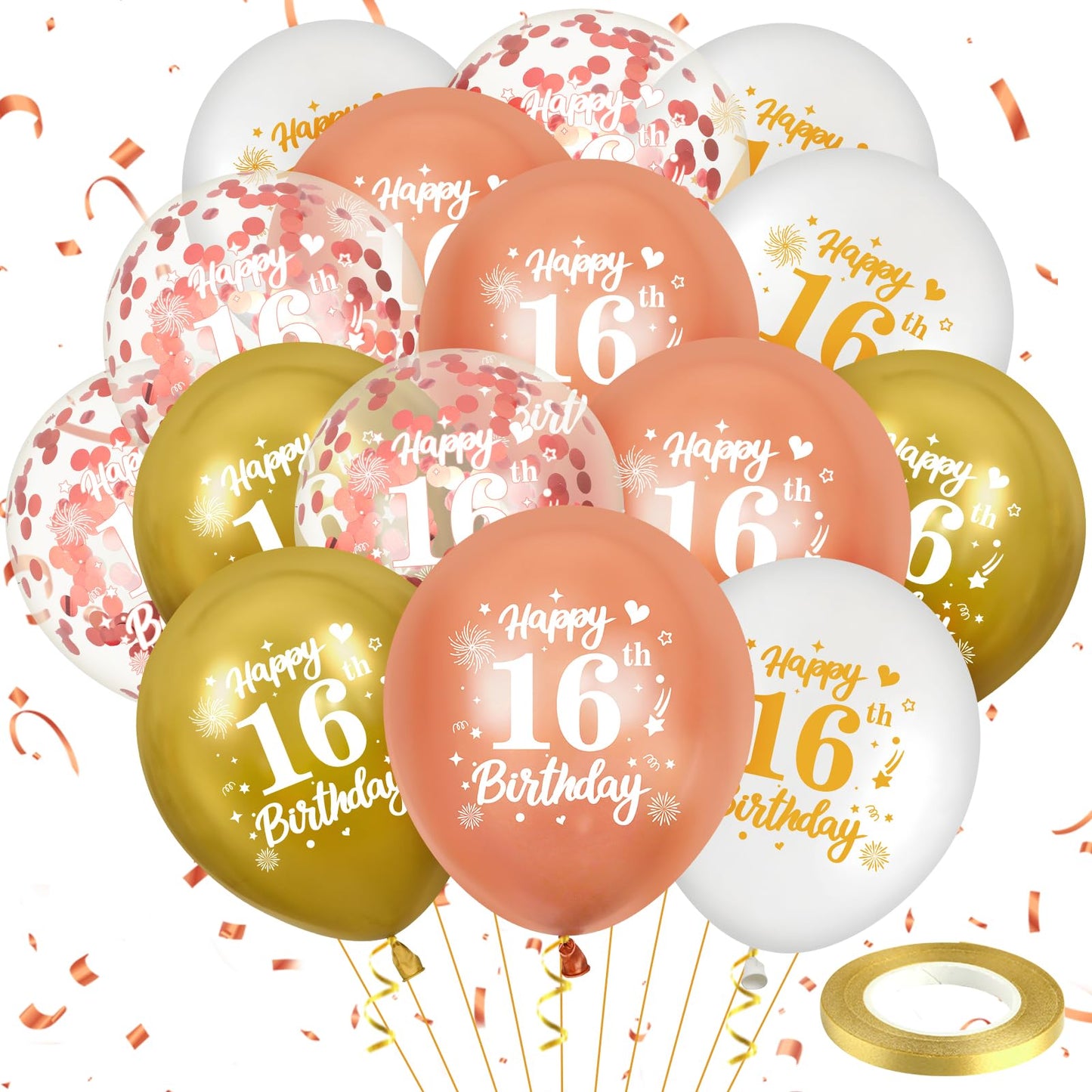 Rose Gold & White Gold 16th Birthday Balloons – 24 Pack