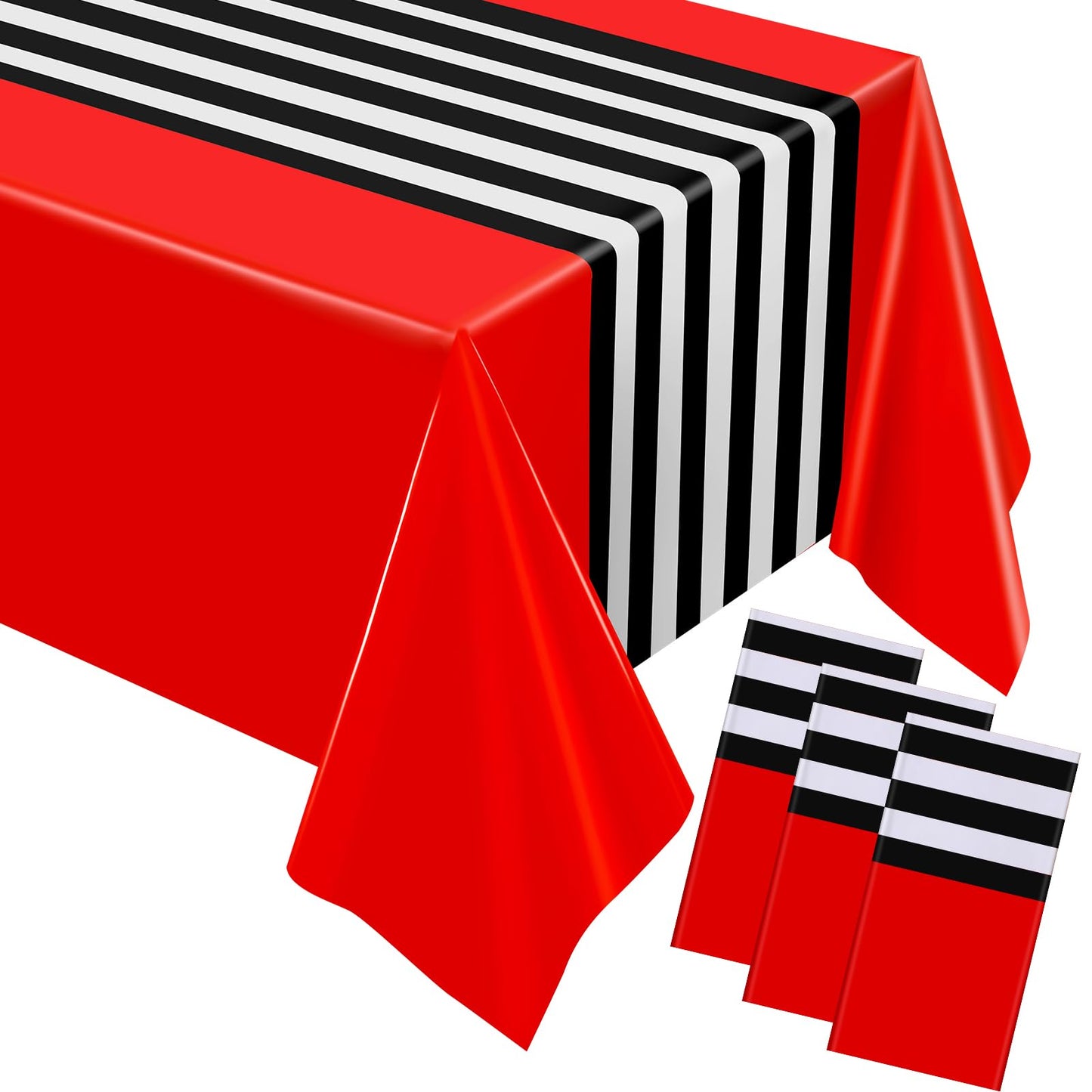 Oudain 6 Pcs Striped Tablecloth 108 x 54 Inch Disposable Plastic Table Cloth Waterproof Tablecloth Rectangle Table Cover for Birthday Wedding Bridal Party Supplies (Black White Red)