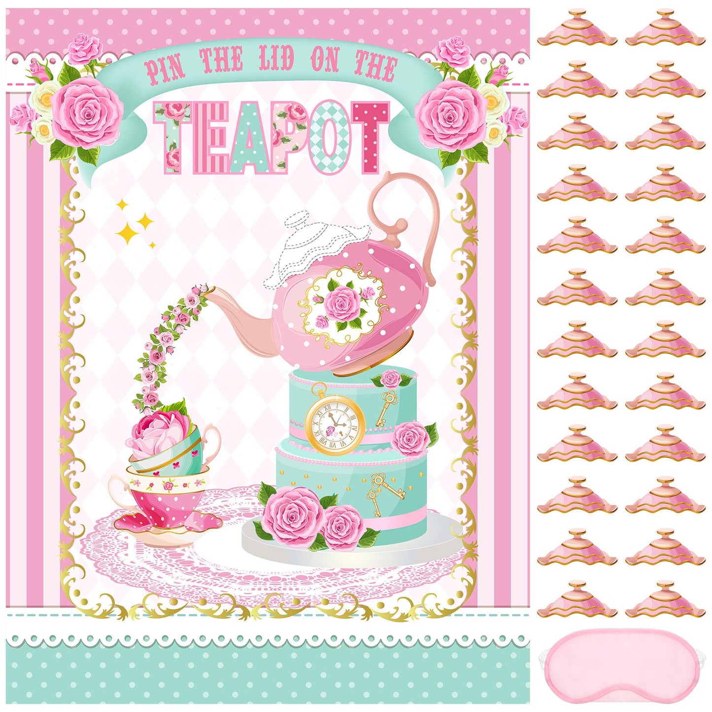Faccito Tea Party Games Pin The Lid on The Teapot with 24 Tea Party Stickers Pink Blindfold Floral Poster Tea Party Birthday Decorations for Women Lets Par Tea Birthday Party Games Activity Supplies