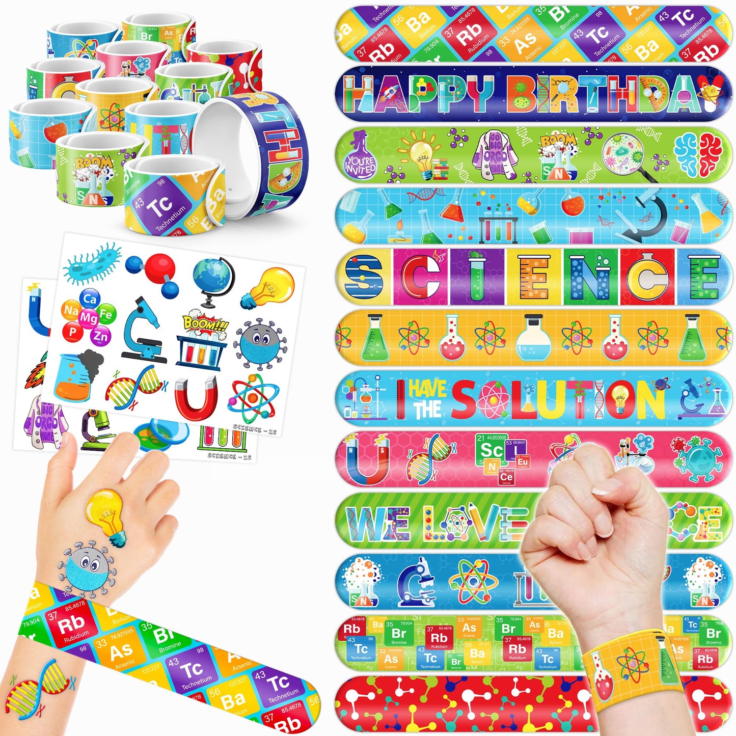 Science Temporary Tattoos & Slap Bracelets Party Favours – 48 Pack