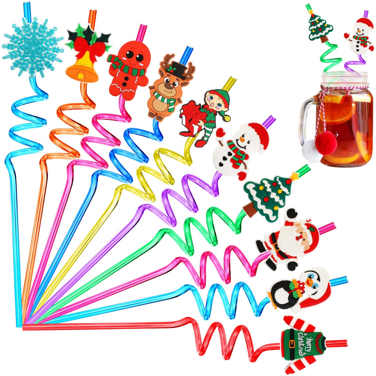 Reusable Christmas Party Straws – 20 Pack, 10 Styles