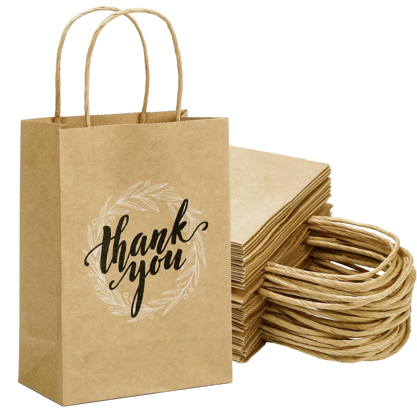 Brown Kraft Paper Thank You Gift Bags with Handles – 100 Pack