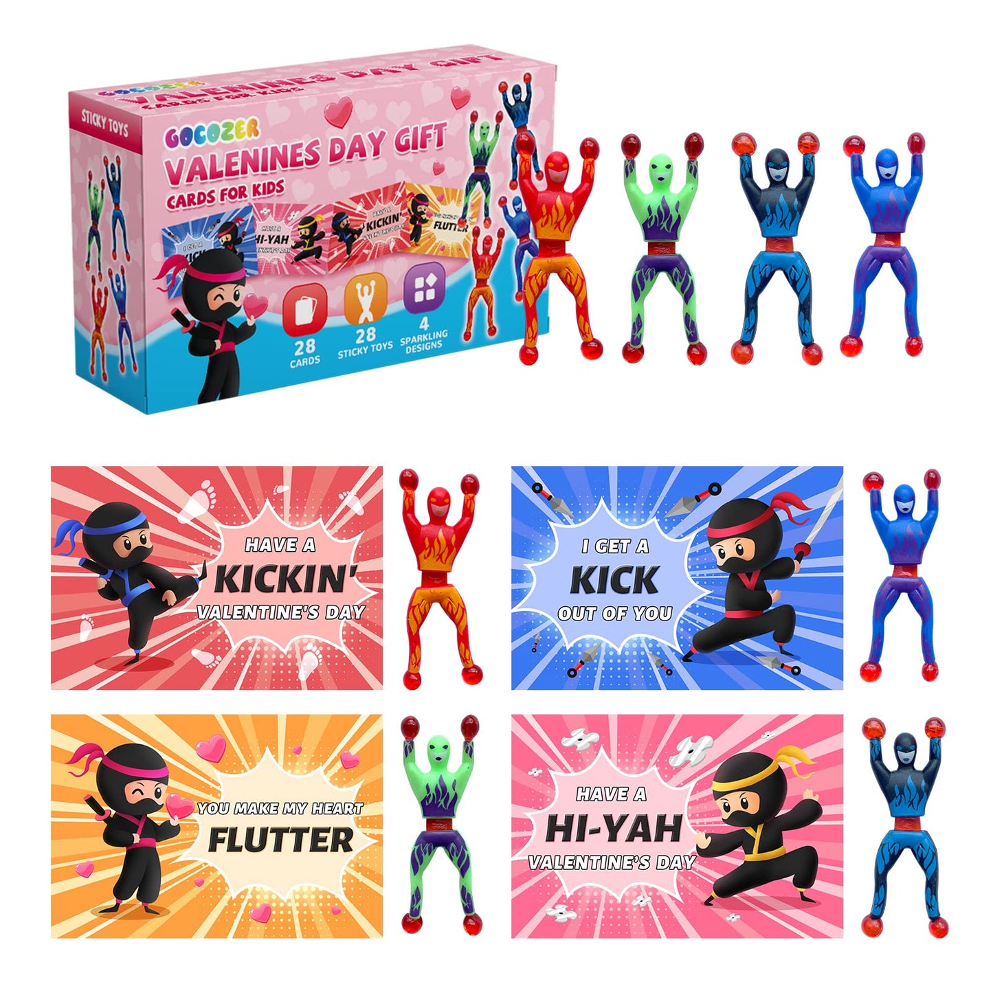 Ninja Sticky Toys with Valentine's Cards – 28 Pack