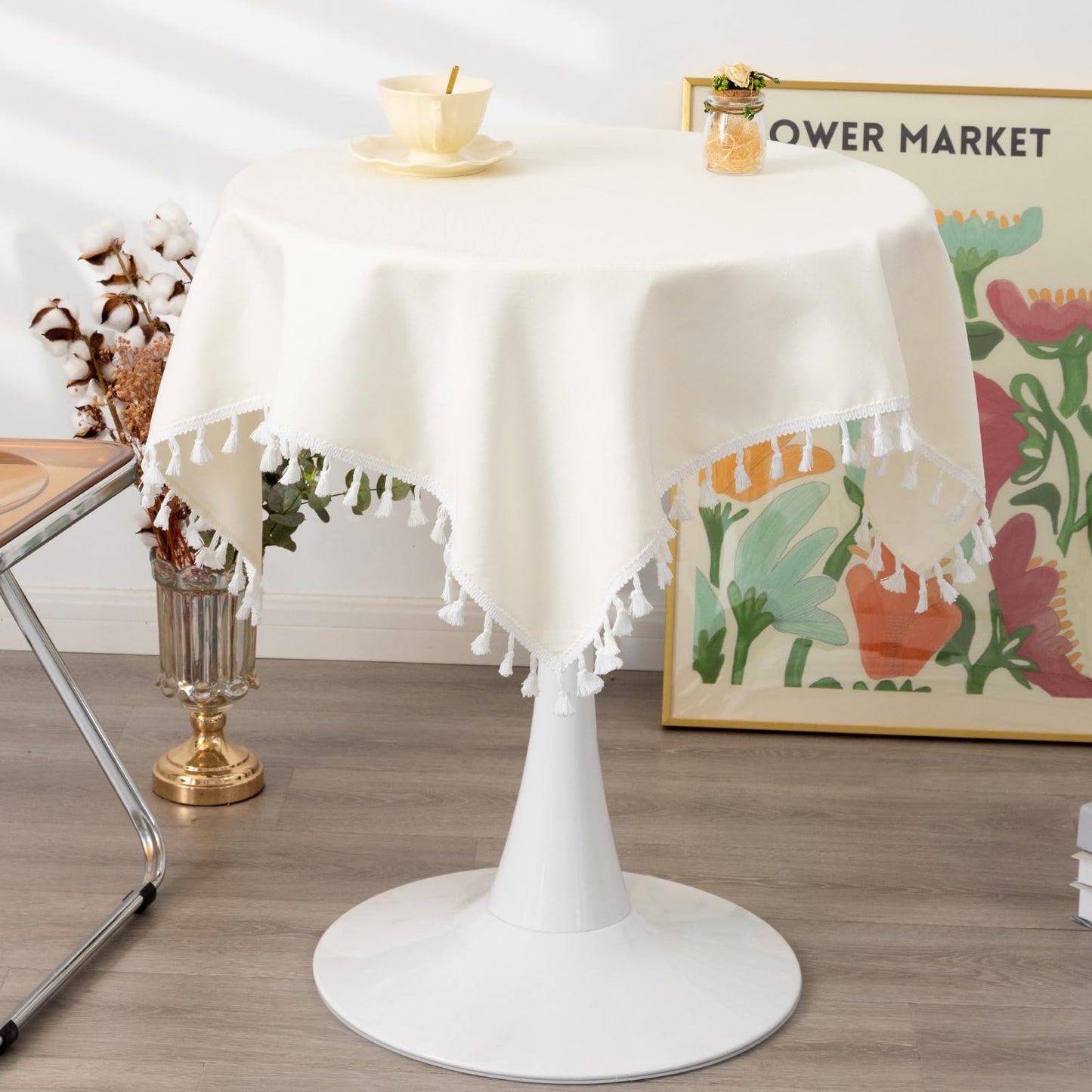 YZKITM Small Square Tablecloth Solid Ivory Fabric Tassel Table Cloth Rustic Farmhouse Decorative Washable Table Cover for Kitchen Dining Party 36 x 36 Inch