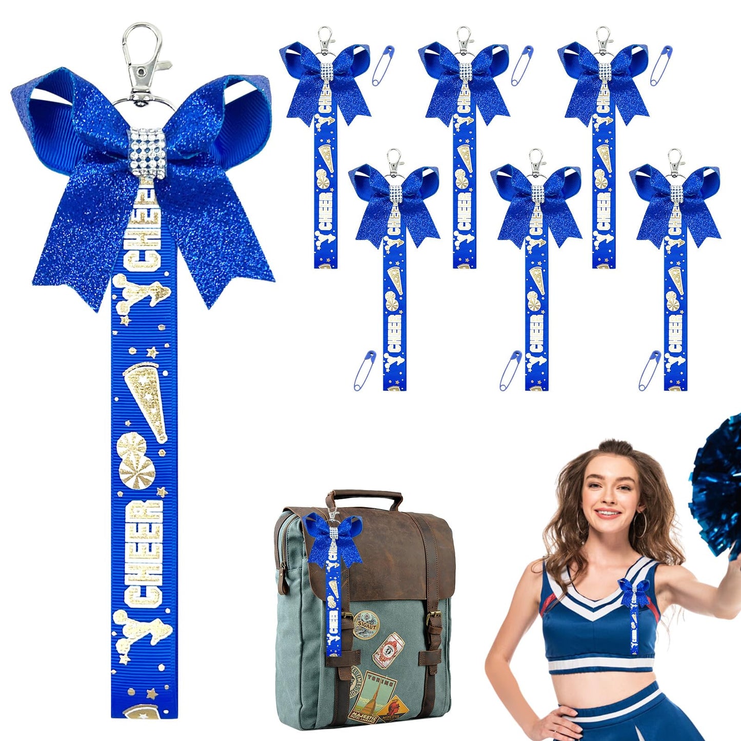 Glitter Rhinestone Cheer Bow Keychains – 6 Pack, Blue
