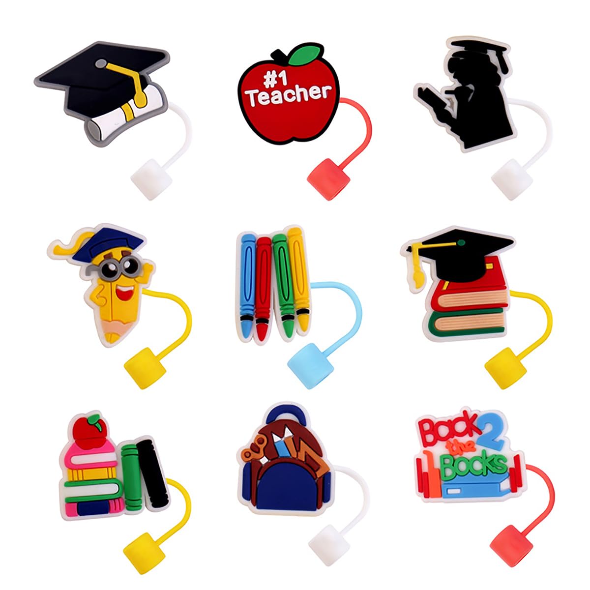 9PCS Teacher Straw Topper for Tumbler 10mm Cute Silicone Straw Covers Compatible with Stanley 30&40 Oz Cup Reusable Drinking Straw Tips Covers