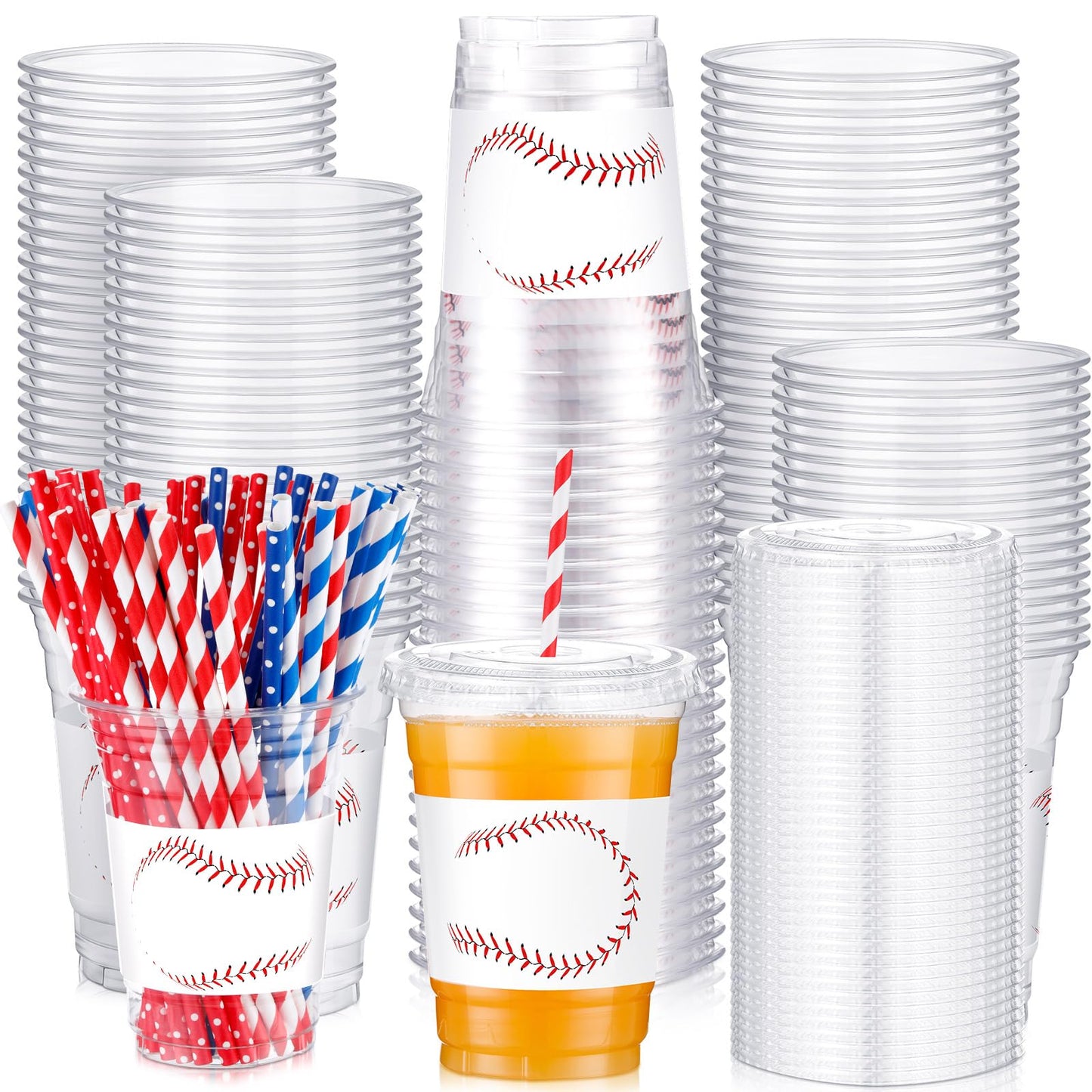 Baseball Party Cups with Lids and Straws - 50 ct