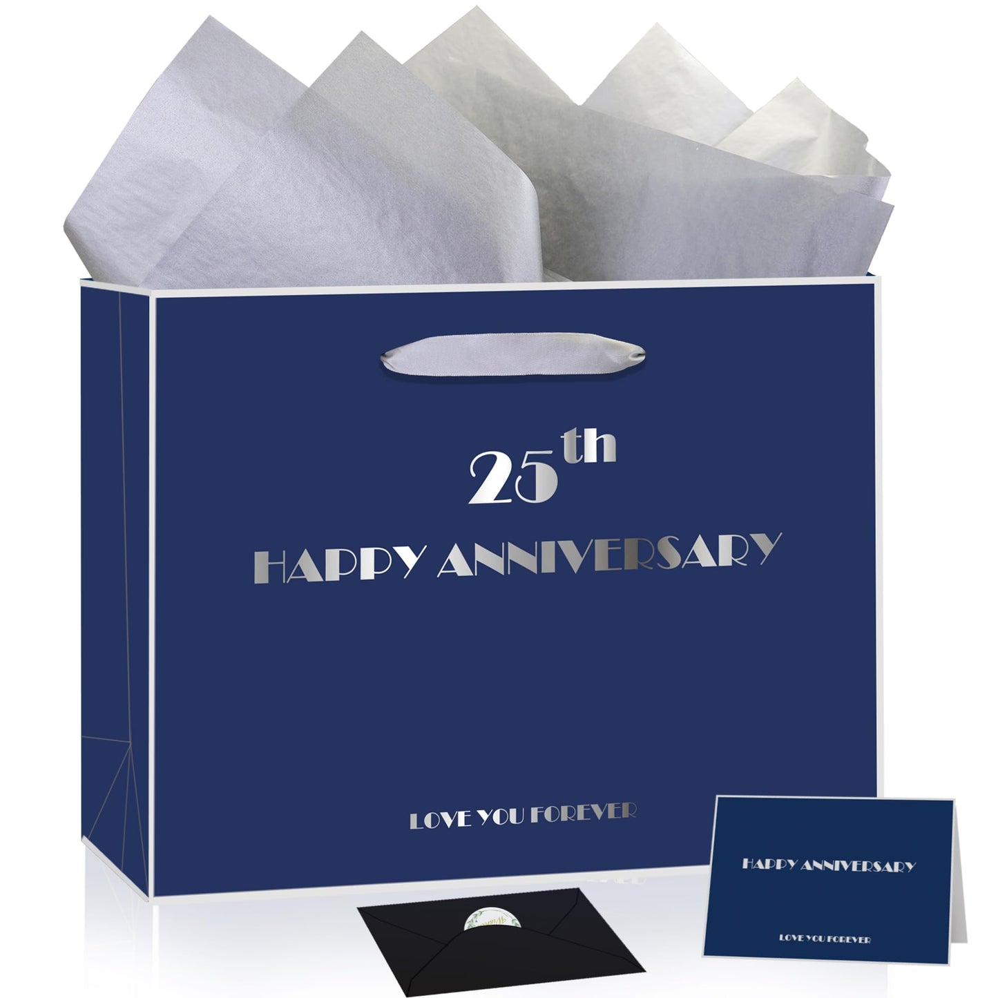 25th Anniversary Party Gift Bag Happy 25th Anniversary Paper Bag with Tissue Papers & Greeting Card & Envelope & Sticker 25th Anniversary Wrapping Bag for 25th Silver Wedding Anniversary (25th)