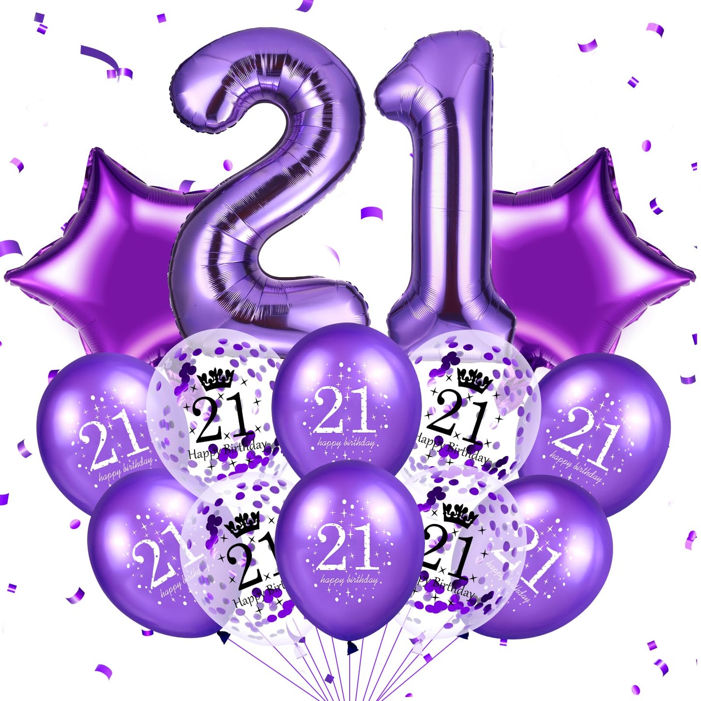Purple 21st Birthday Balloons Kit – Number 21 & Star Confetti Balloons