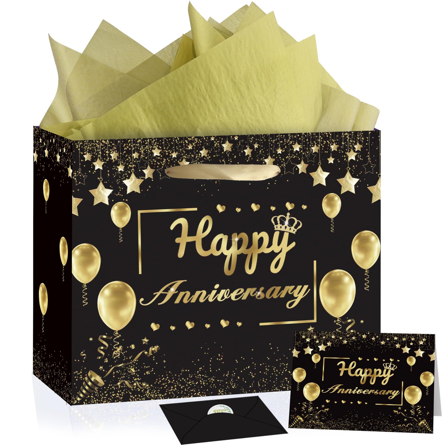 Anniversary Party Gift Bag Black Gold Happy Anniversary Paper Gift Bag with Tissue Papers and Greeting Card Wedding Anniversary Wrapping Gift Bag for Men Women Wedding Anniversary Party Supplies