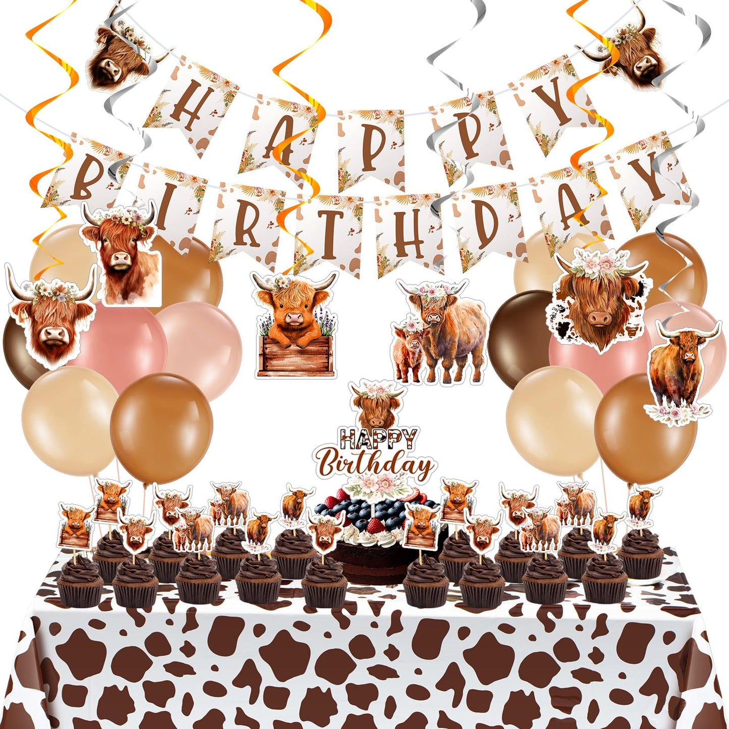 Hollowfly 76 Pcs Highland Cow Birthday Decorations Cute Boho Cow Party Supplies with Retro Floral Happy Birthday Banner Hanging Swirls Cattle Cake Toppers Balloons Cow Party Tablecloth for Girls Boys