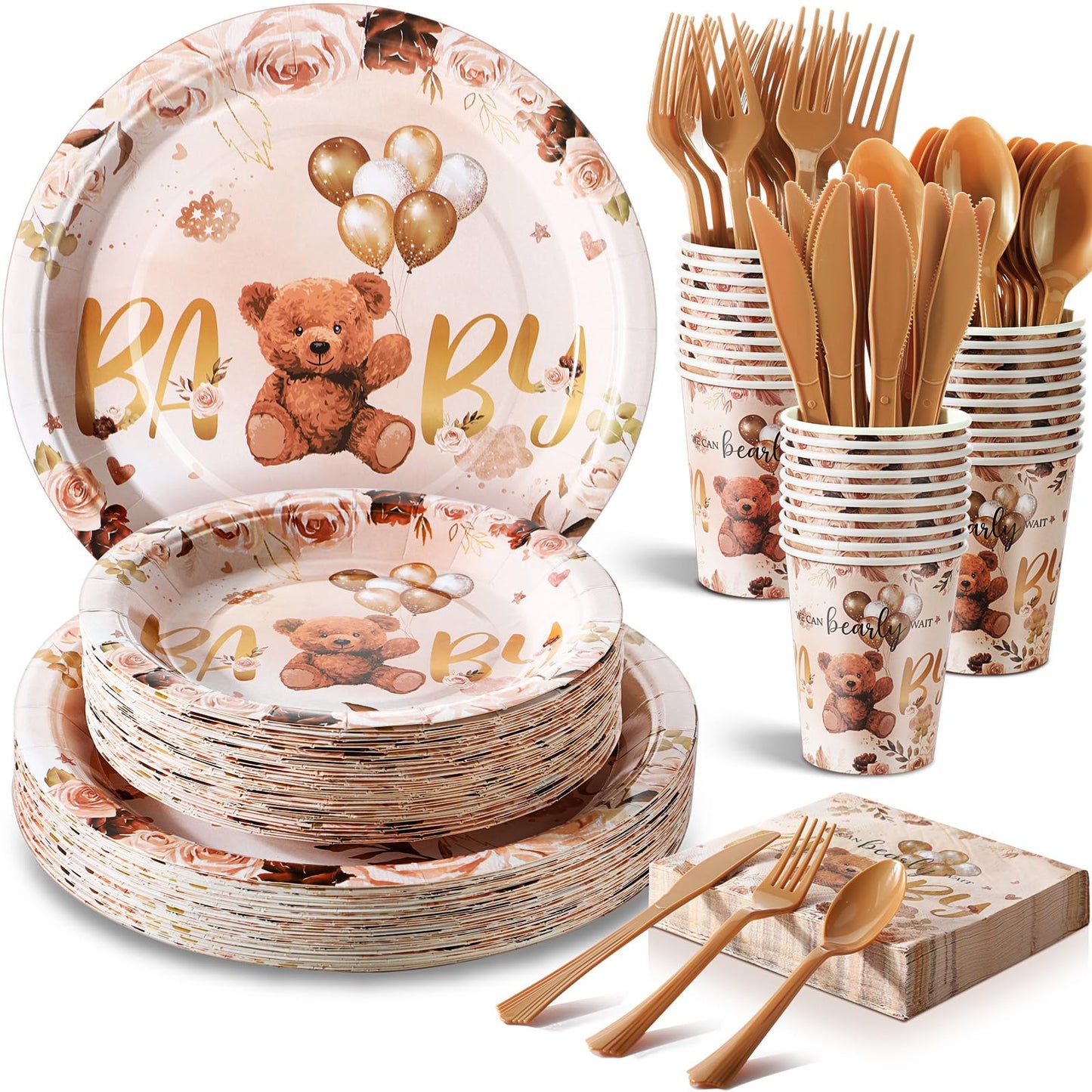 Brown Bear Baby Shower Tableware Set – 350 Piece, Serves 50