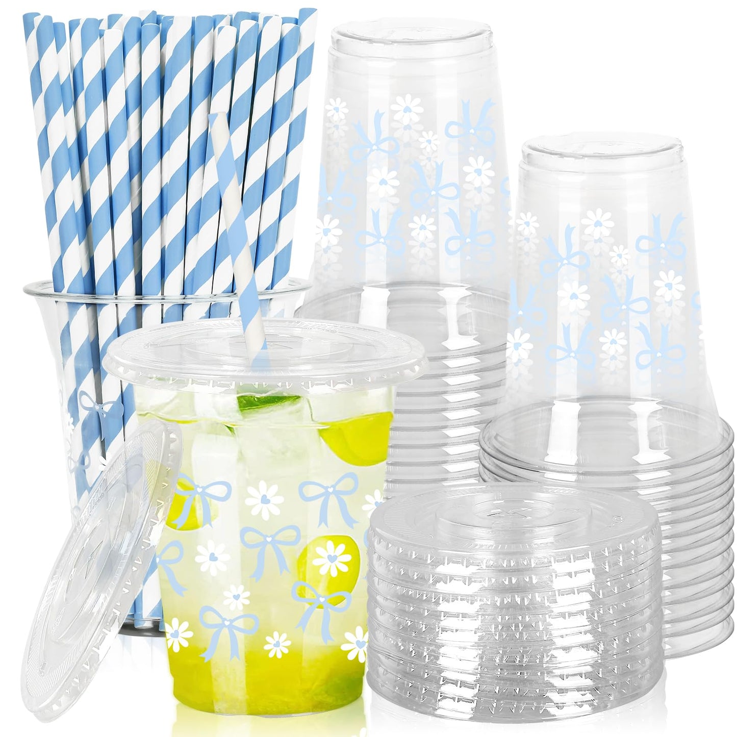 Blue Bow 12 oz Plastic Cups with Lids and Straws
