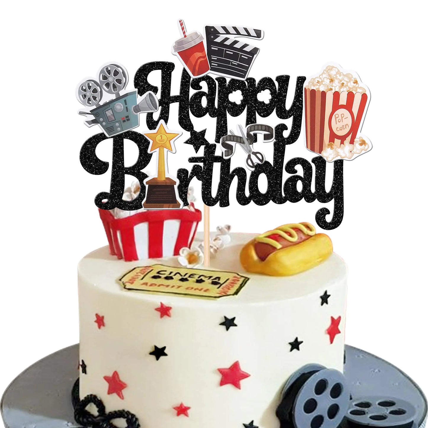 Black Glitter Movie Night Birthday Cake Topper