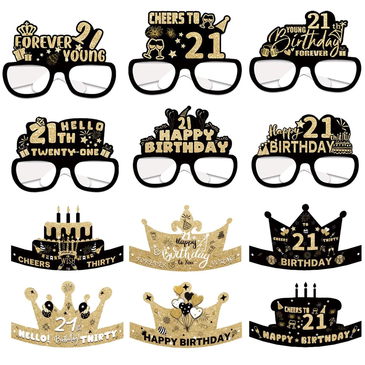21st Birthday Glasses & Party Hats Set - 12 ct