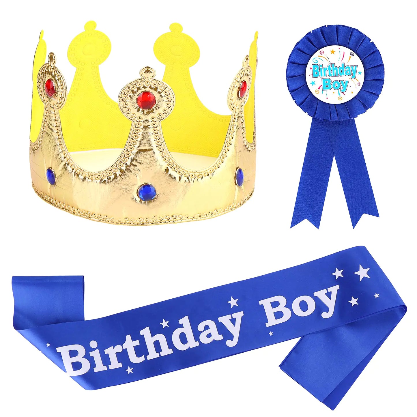 Birthday Boy Crown, Sash & Button Set