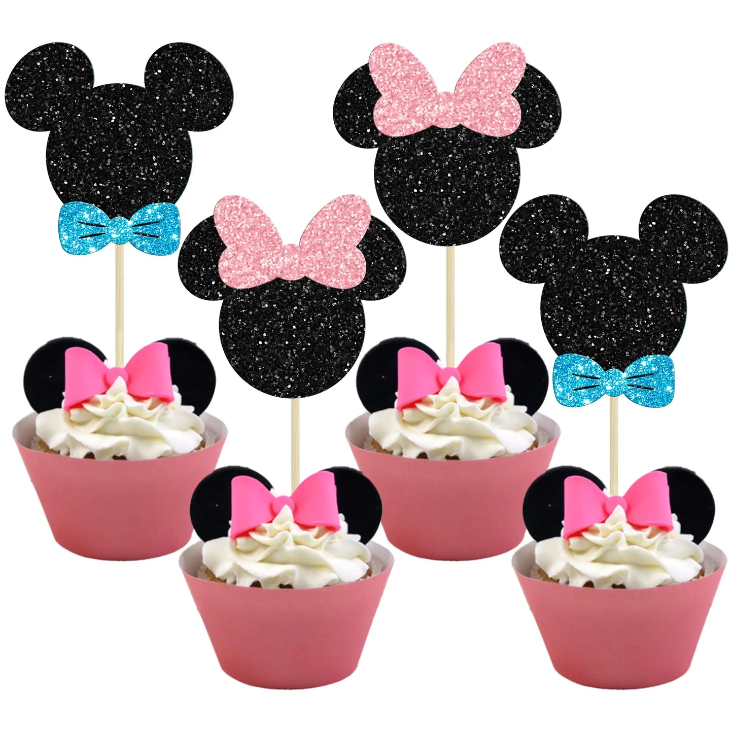 36PC Glitter Mouse Bow Cupcake Toppers – Blue & Pink