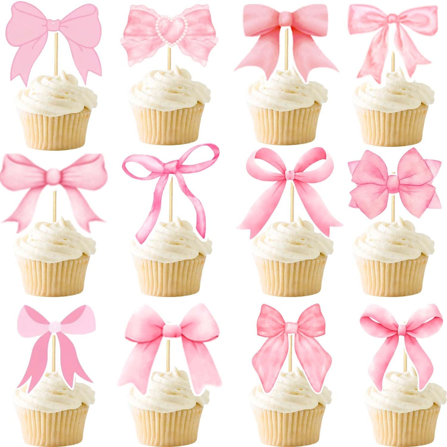 Pink Bow Coquette Cupcake Toppers – 24 Pack, 12 Designs