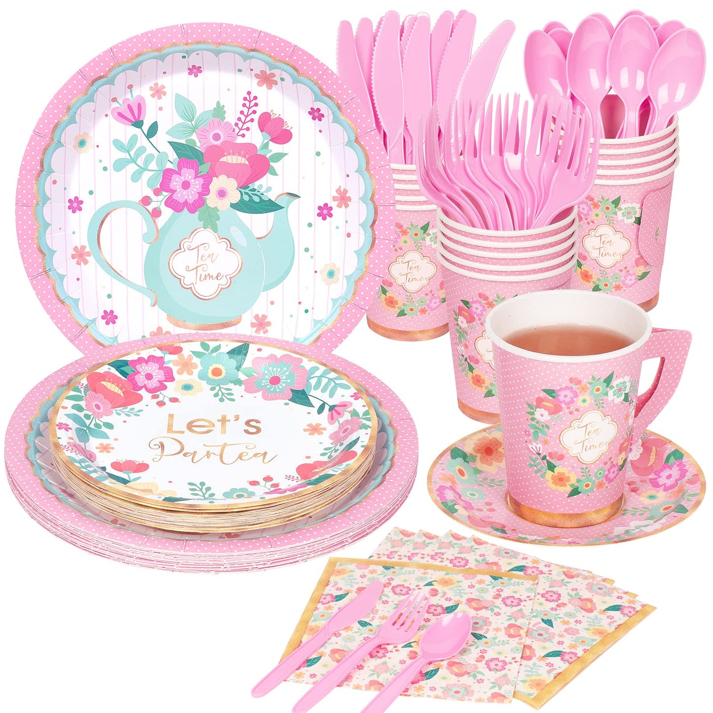 DECORLIFE Tea Party Supplies Serves 16 Tea Party Plates and Napkins Sets Include Paper Saucers Teacups with Handles Tableware for Girls Birthday Tea Party Decorations Total 128 PCS