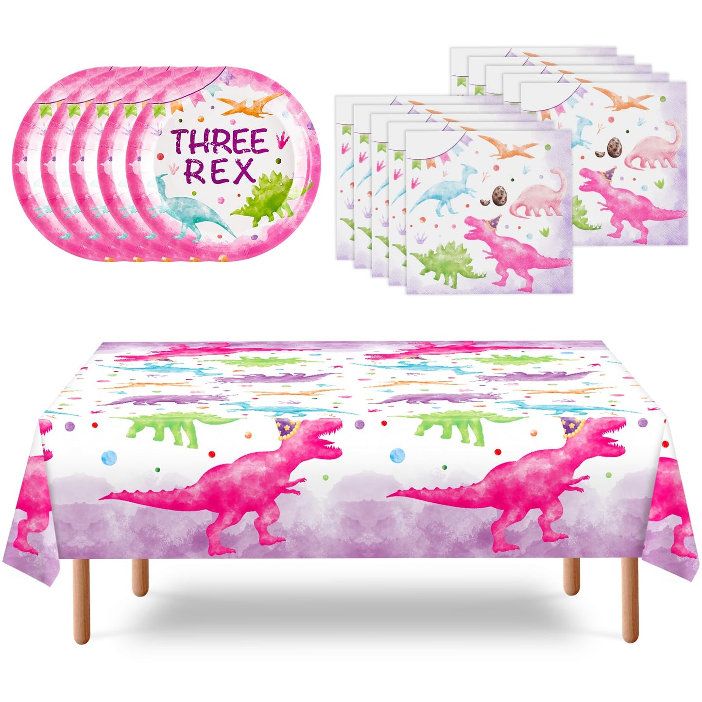 WERNNSAI Pink Dinosaur 3rd Birthday Party Supplies - 33PCS Disposable Three Rex Plates Tablecloth Napkins T-Rex Dino Party Tableware Set for Kids Girls Birthday Three Dinosaur Party Serves 16 Guests