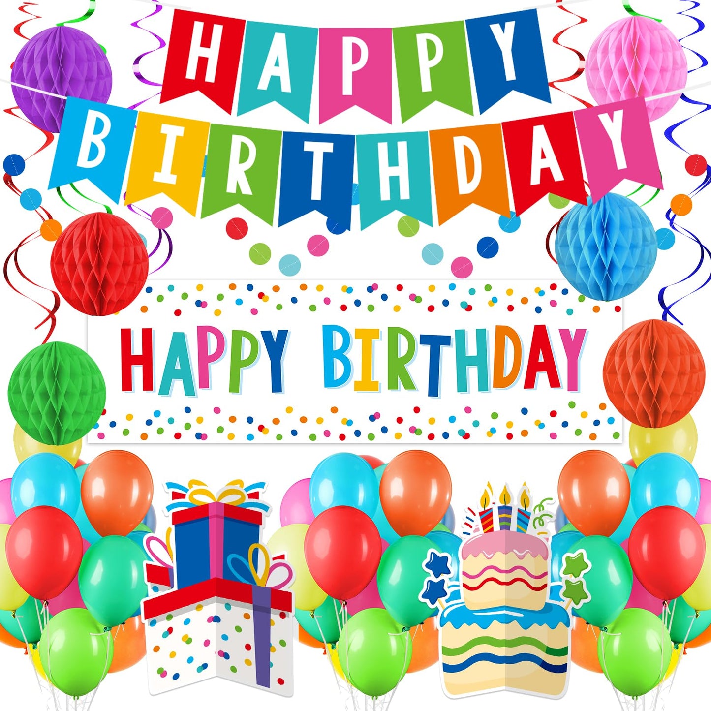 Happy Birthday Decorations Kit – Banner, Backdrop, Garland, Swirls & Balloons