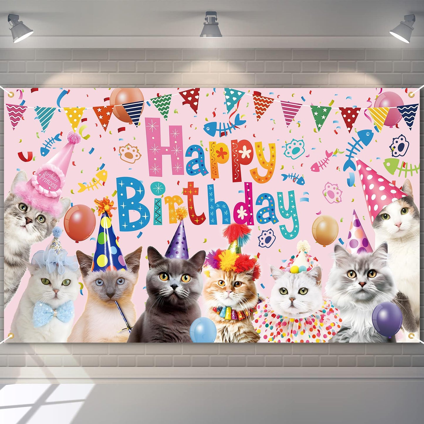 Pink Cat Happy Birthday Party Backdrop Banner – 6 x 3.6 Ft