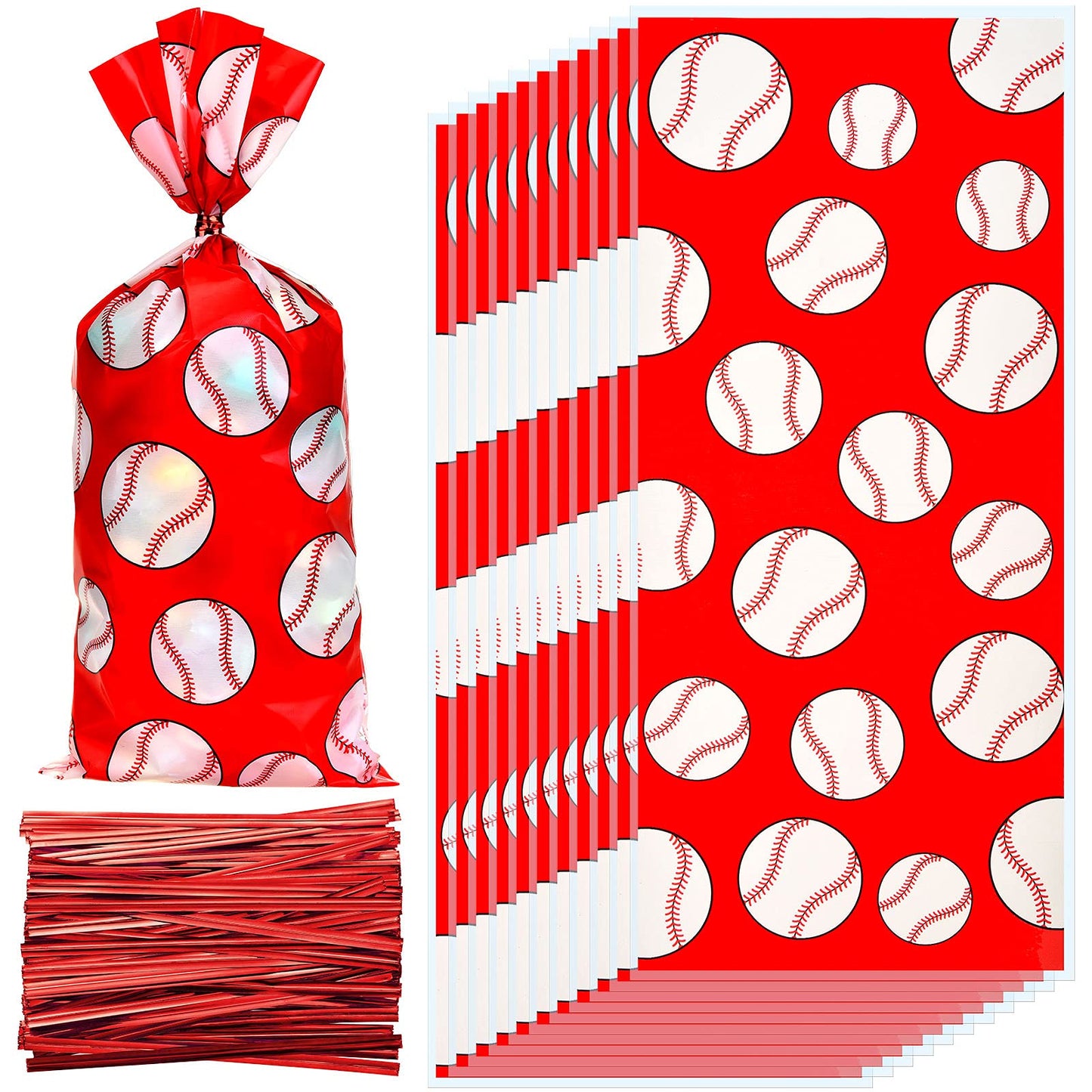 Baseball Cellophane Treat Bags with Twist Ties – 100 Pack