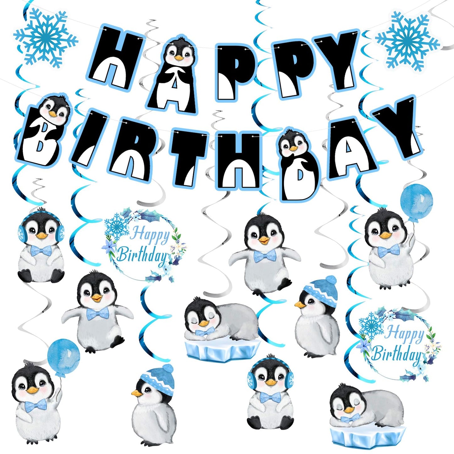 Penguin Happy Birthday Banner & Streamers – 14 Piece Set