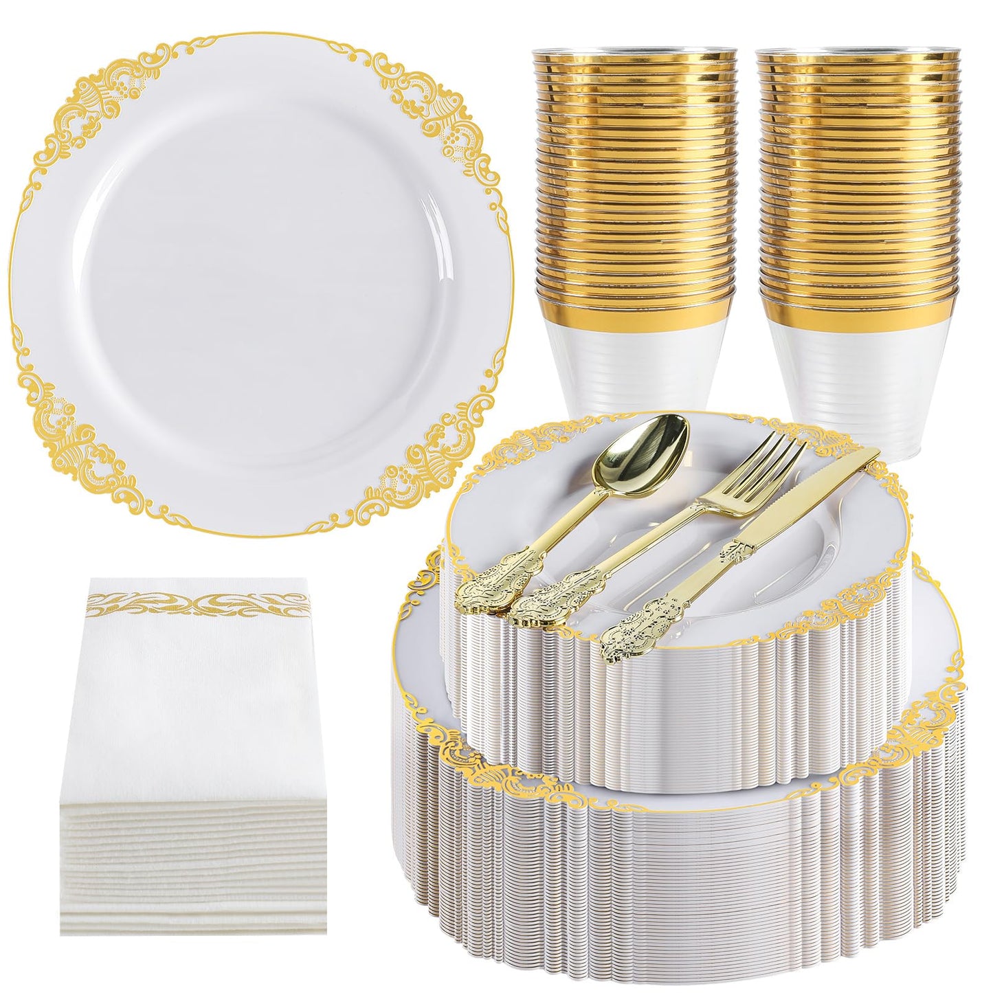White & Gold Disposable Party Dinnerware Set 350-Piece Tableware