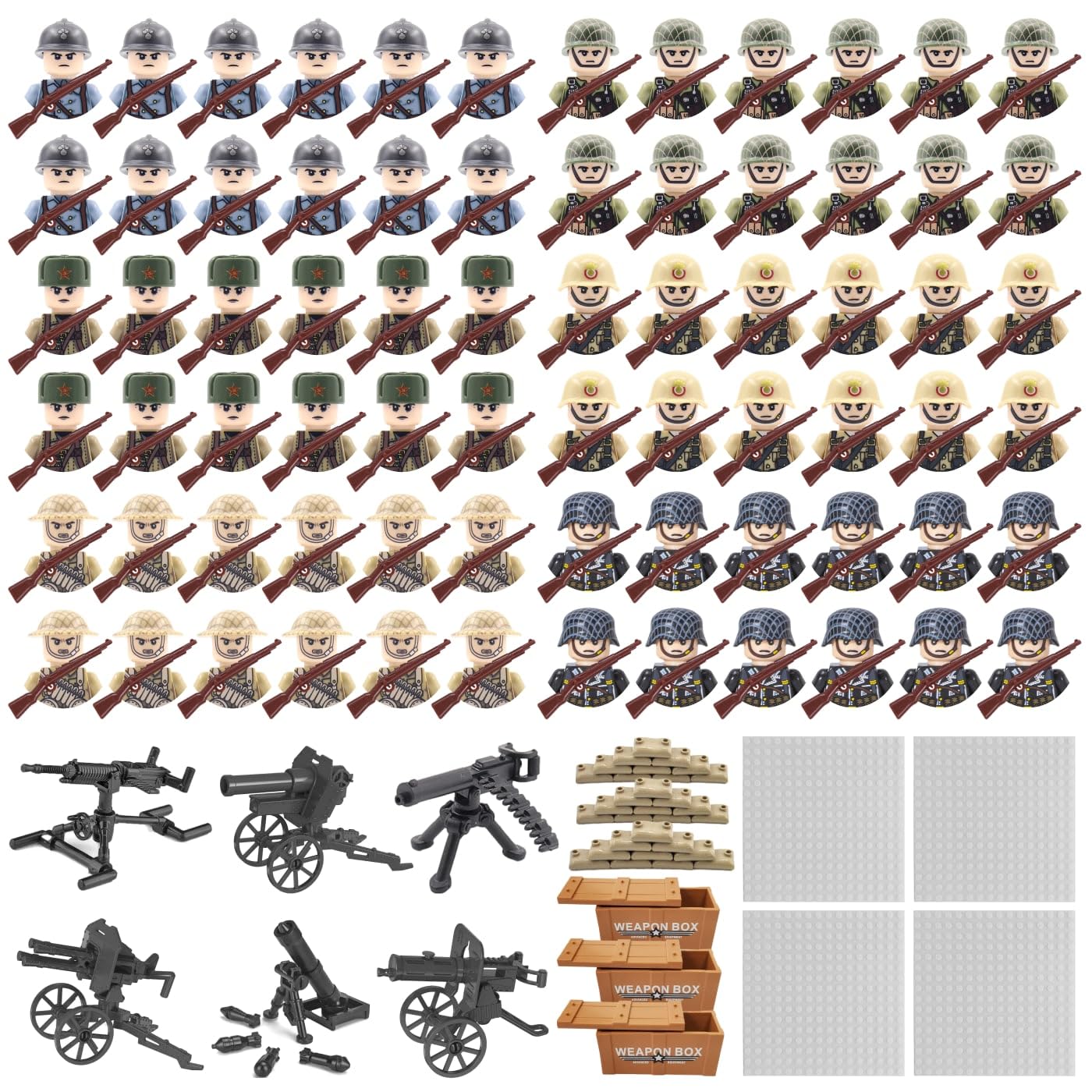 CEREECOO Mini WW2 Army Men Figures Pack World War 2 Military Soldier Figures Building Set with Weapons Baseplates