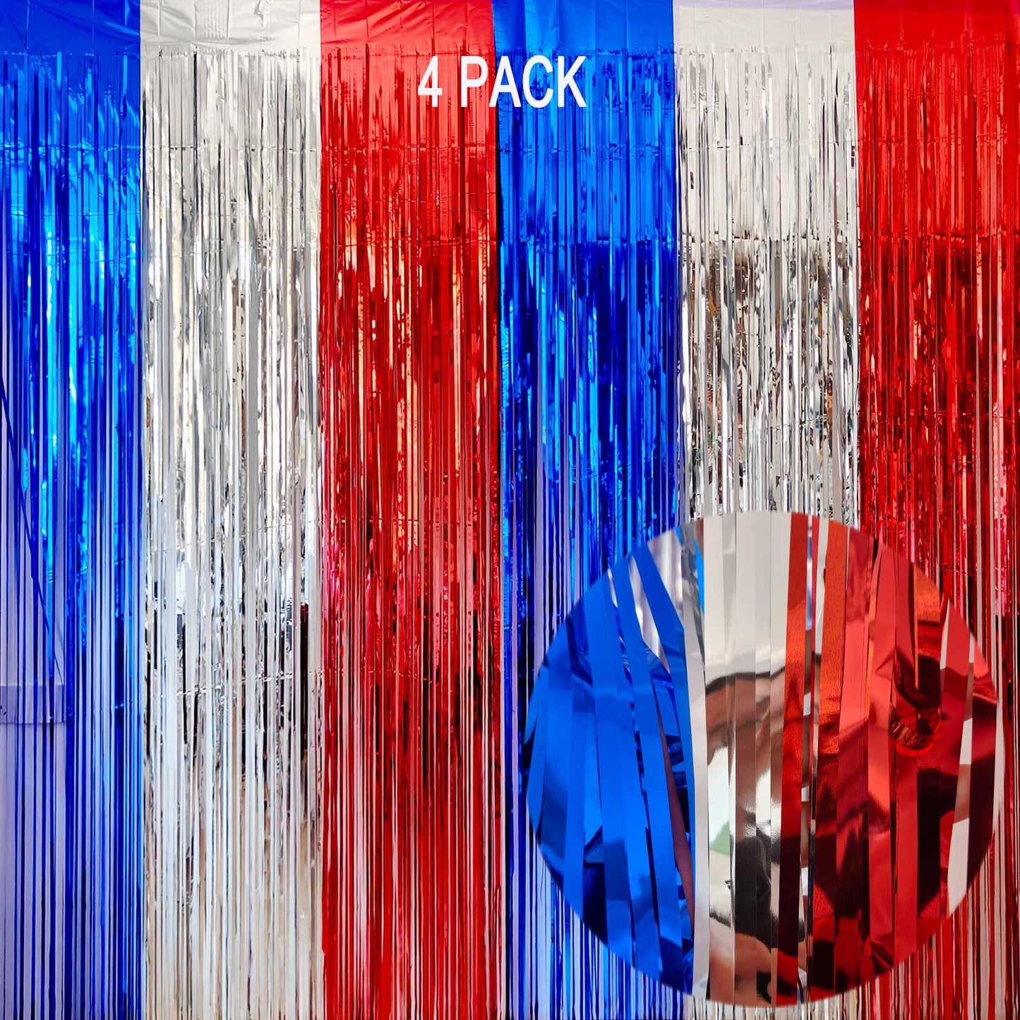 Patriotic Red, White & Blue Foil Fringe Backdrop Curtains – 4 Pack