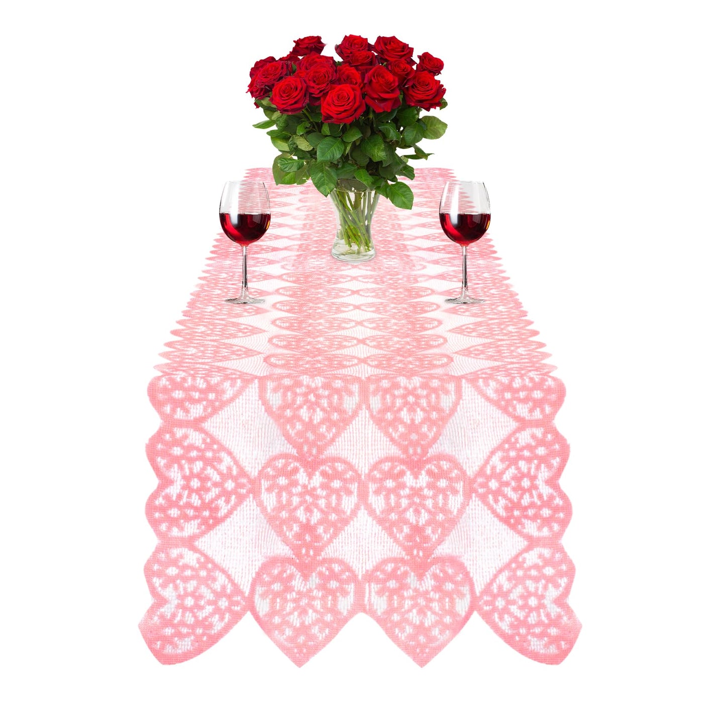 Valentines Day Table Runner 14 x 72 Inch Valentines Table Runner Pink Heart Shaped Lace Valentine Table Runner for Candlelight Dinner Anniversary Engagement Wedding Party Valentines Day Decorations