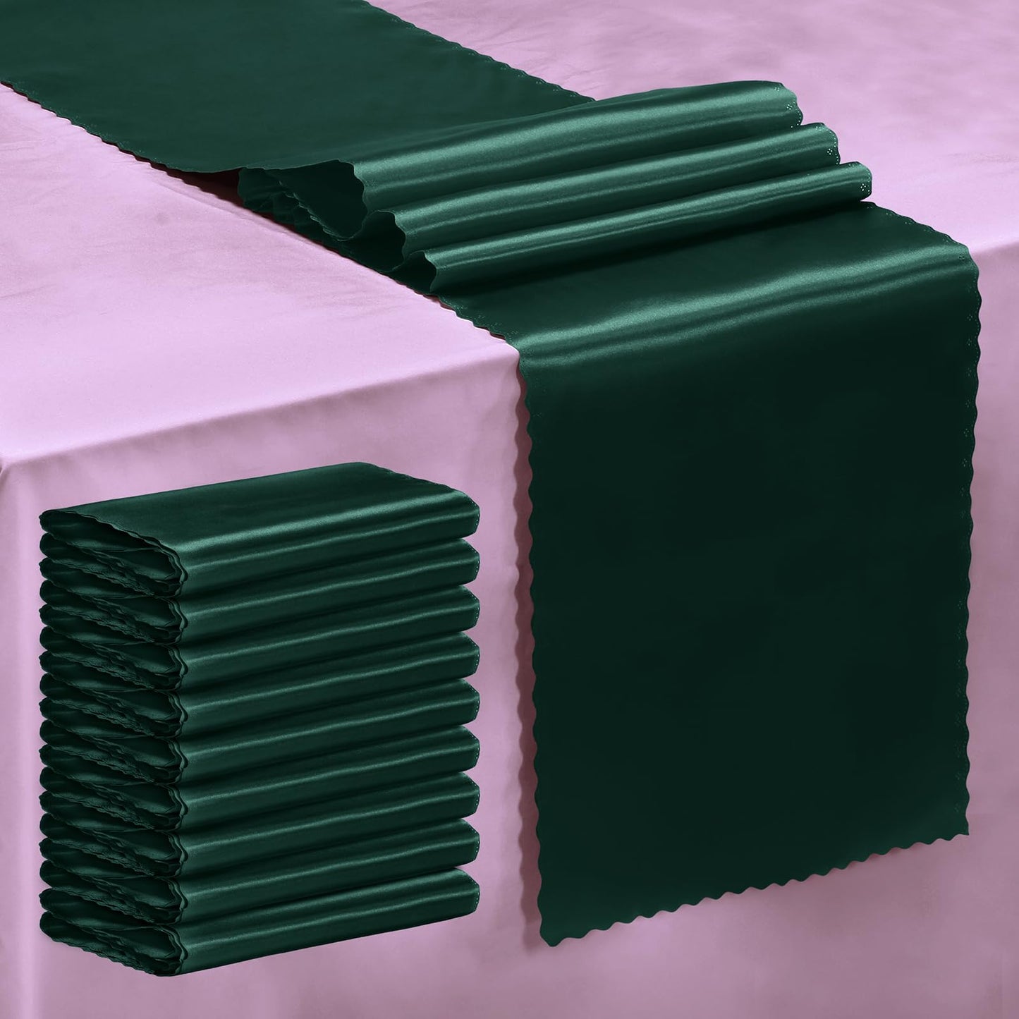 DLCFLF 6 Pack Green Satin Table Runner 12 x 108 Inch Long Smooth Bright Table Runners Silky Satin Cloth Table Runners for Wedding Dining Graduations Party Decorations