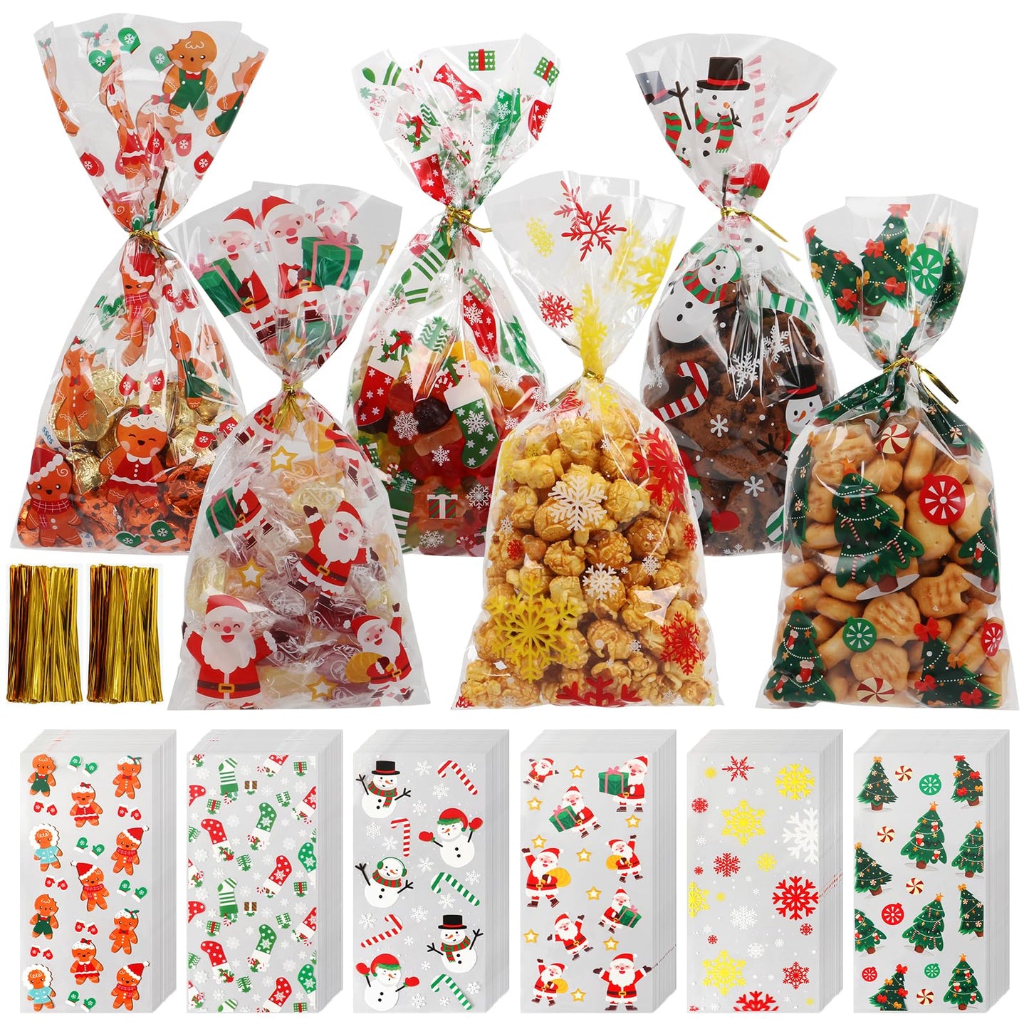 Christmas Cellophane Treat Bags with Gold Twist Ties – 180 Pack