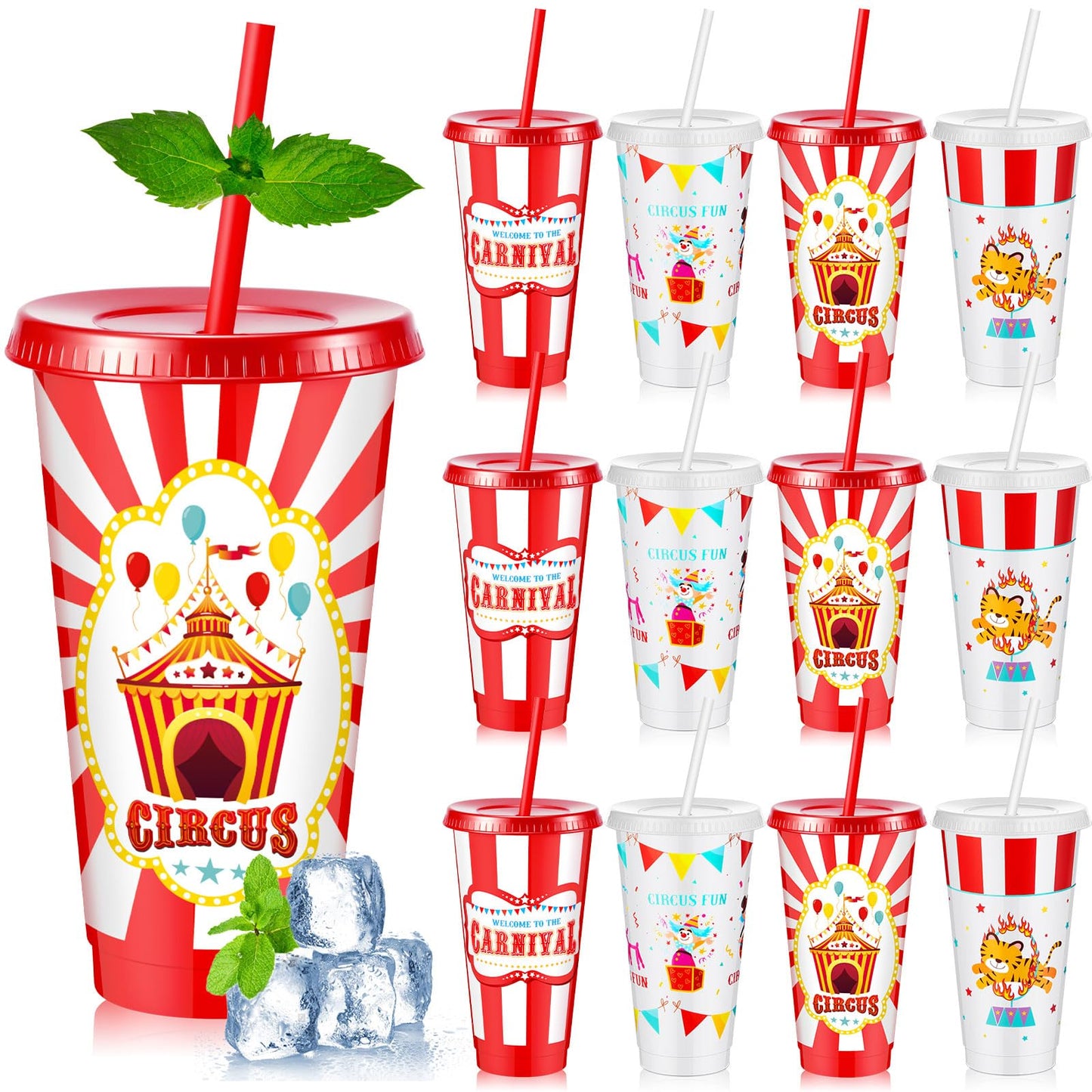 Circus Carnival Party Plastic Cups with Lids & Straws 24oz – 12 Pack