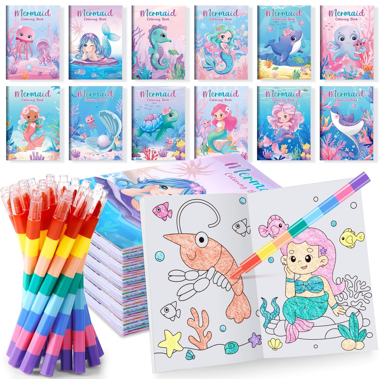 Mermaid Mini Colouring Books with Crayons Party Favours – 12 Pack