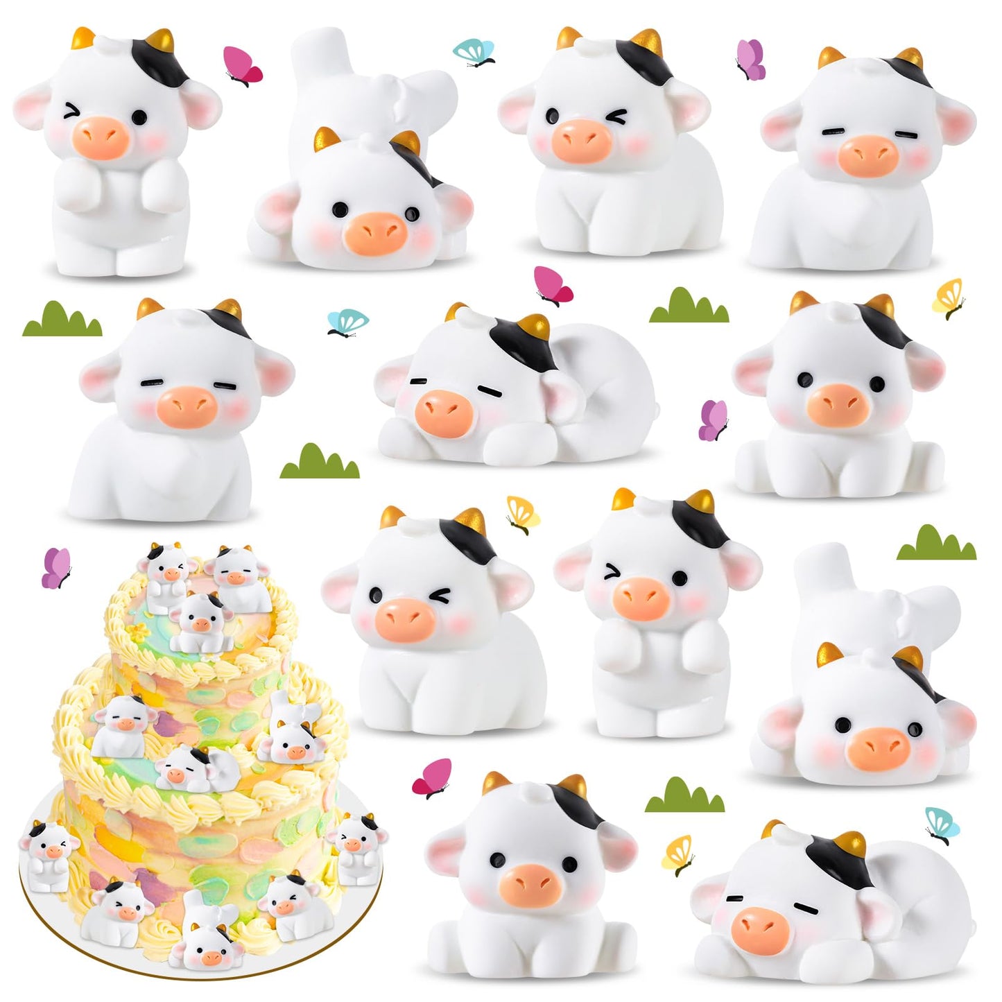 12 Pcs Mini Cows Mini Resin Cows Figurines Tiny Mini Animals Miniature Figurines Cute Cow Cupcake Toppers Fairy Garden Miniature Landscape Ornaments for Home Décor Cake Decoration DIY Crafts